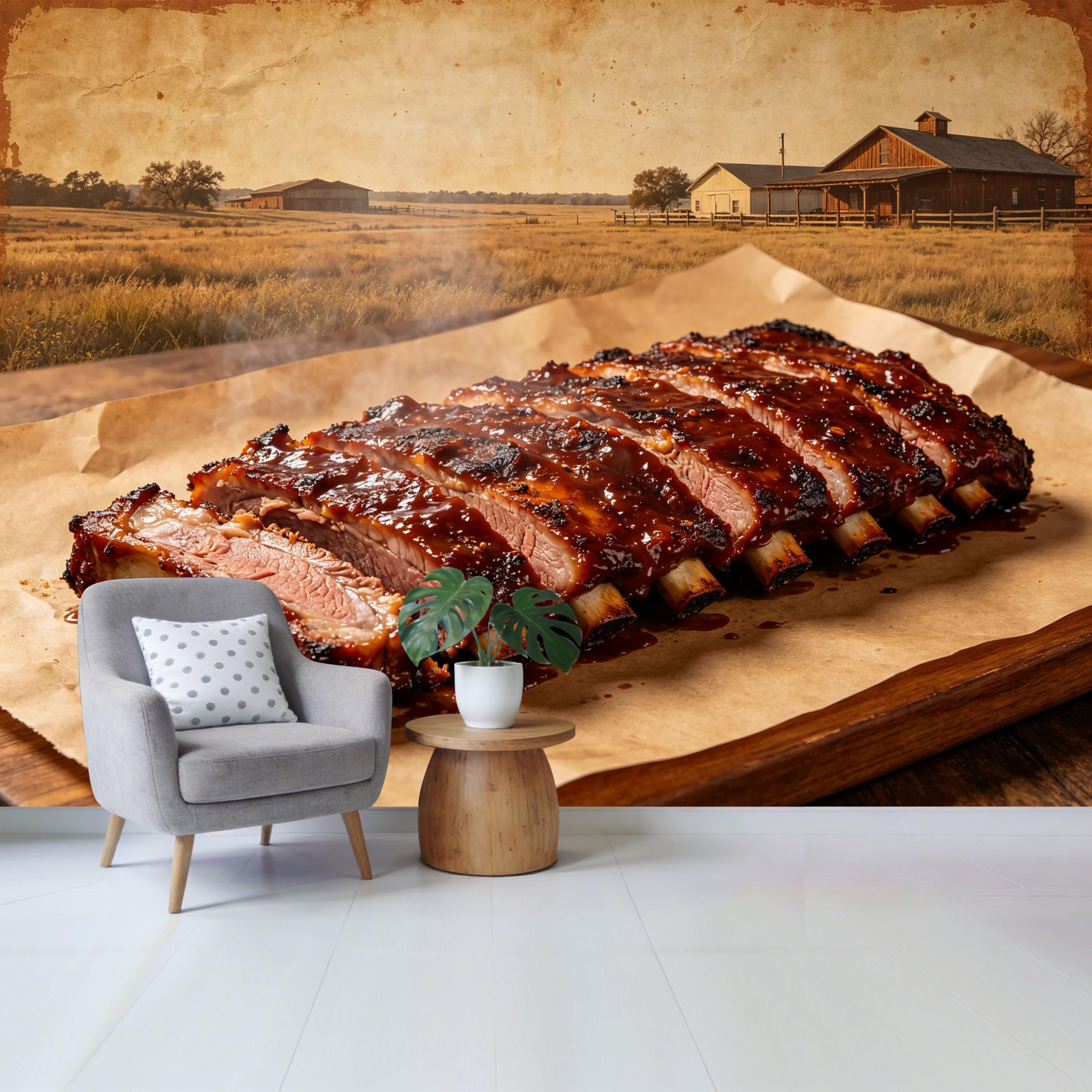 Qzlithotic Yq2605250529 Custom Size Wall Mural Smoked Bbq Pork Ribs Rustic Farmhouse Countryside Landscape Western Style Selfadhesive Wall Fabric Removable Wallpaper For Home Office Decor