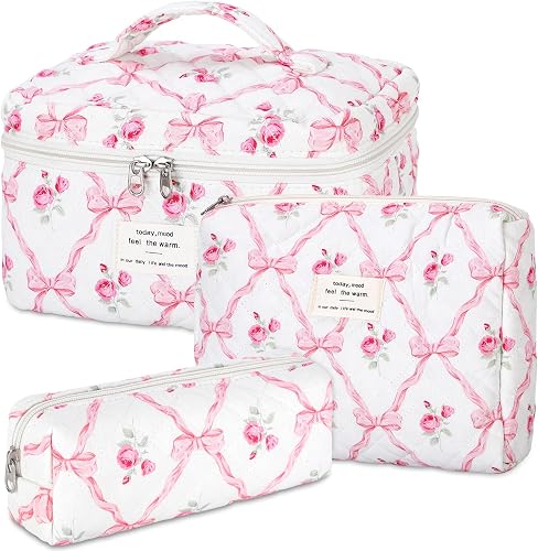 senbowe Floral Makeup Bag, 3 Pack Large Cotton Quilted Makeup Bag Set, Cute Floral Coquette Aesthetic Toiletry Bag Make Up Cosmetic Bag for Women, Toiletry Travel Make Up Organizer Bag, Pink Bow