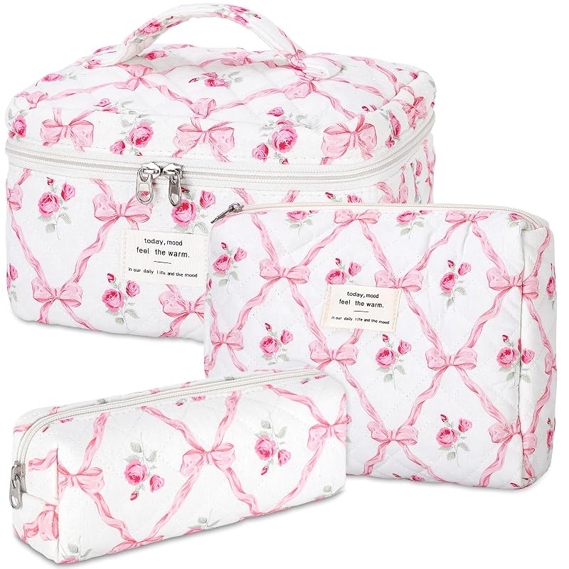 senbowe Conjunto com 3 necessaires de maquiagem florais acolchoadas de algodão rosa com laço