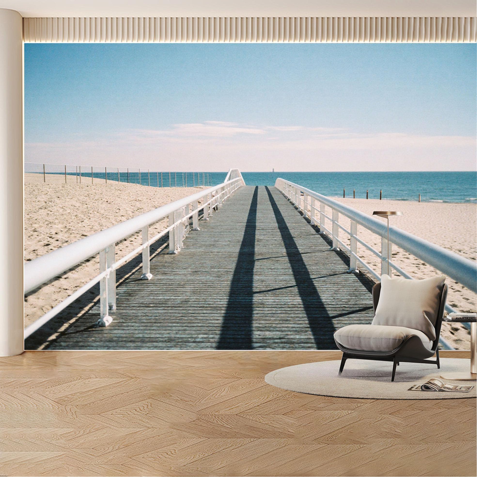 Custom Wall Mural Wallpaper Ocean Beach Pier， Nature Landscape Wall Decor Large Wall Art， Minimalist Sunset for Living Room， Bedroom， Office