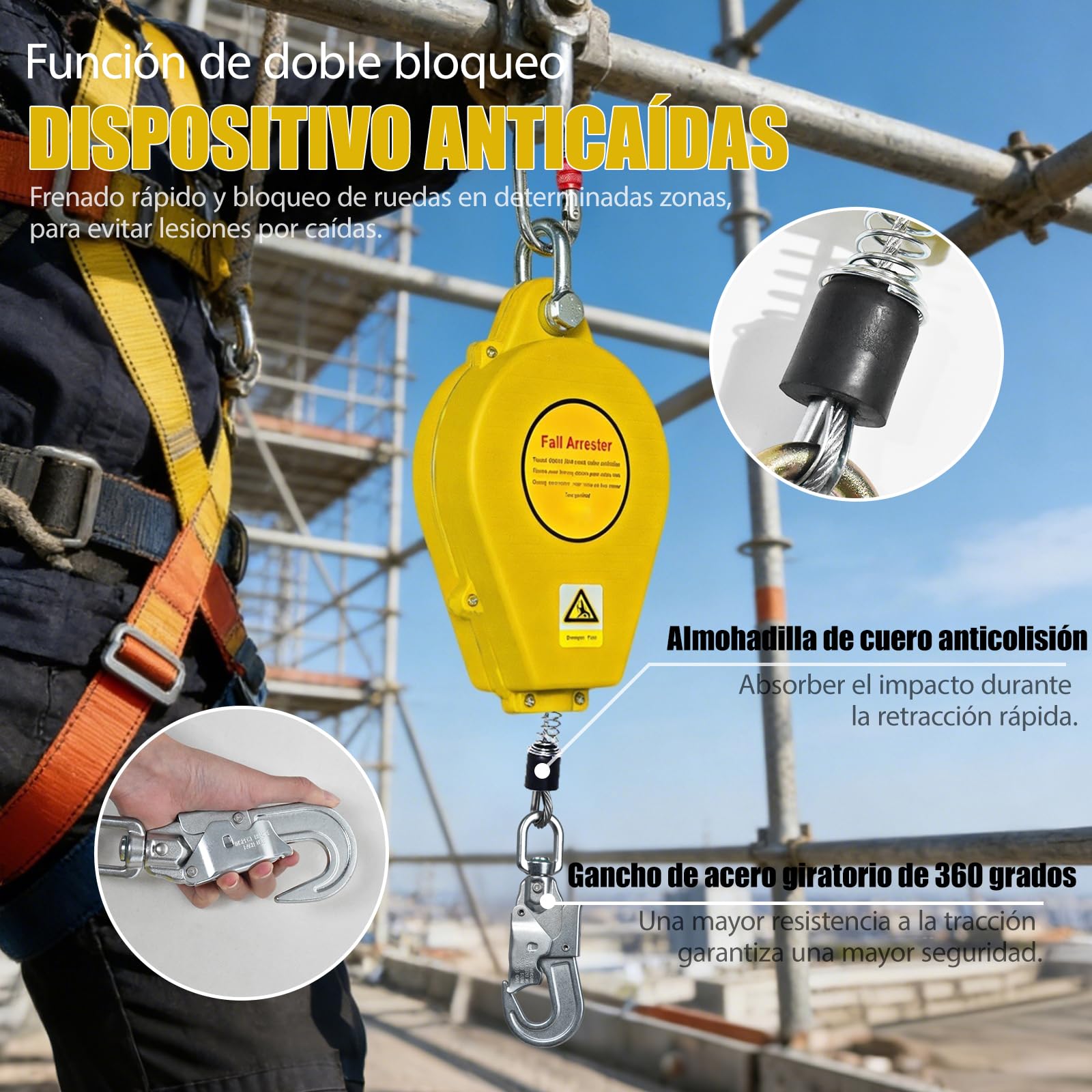 Dispositivo Anticaídas Retráctil, Equipo De Seguridad Para Trabajos En Altura Con Línea De Vida Retráctil 10/15/20 m, Ideal Para Mantenimiento Y Escalada(Amarillo,10m)
