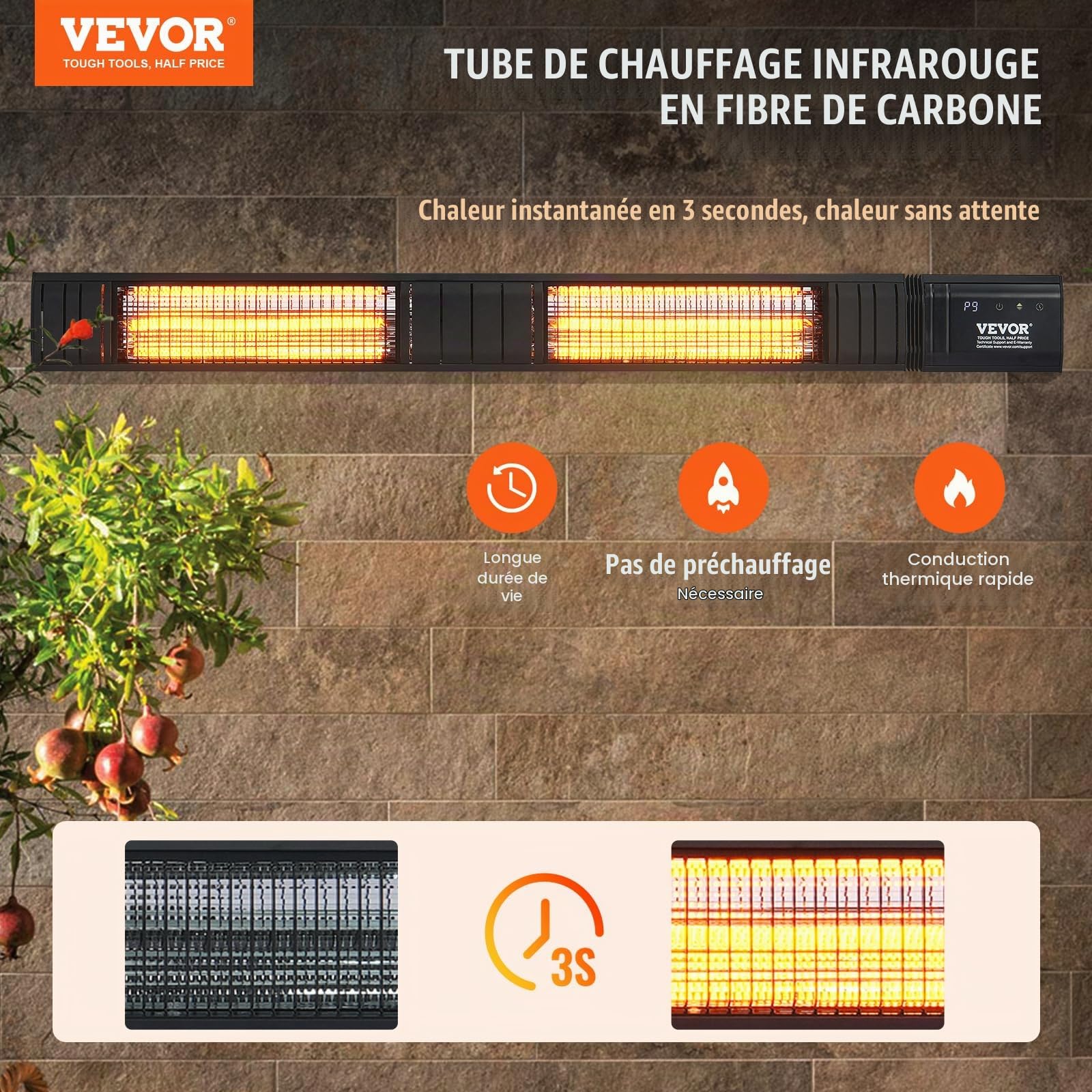 VEVOR Chauffage extérieur terrasse, 3000 W, radiateur infrarouge électrique avec télécommande, 9 vitesses, minuterie, protection IP65, support mural, pour porche, patio, salle à manger, studio, jardin