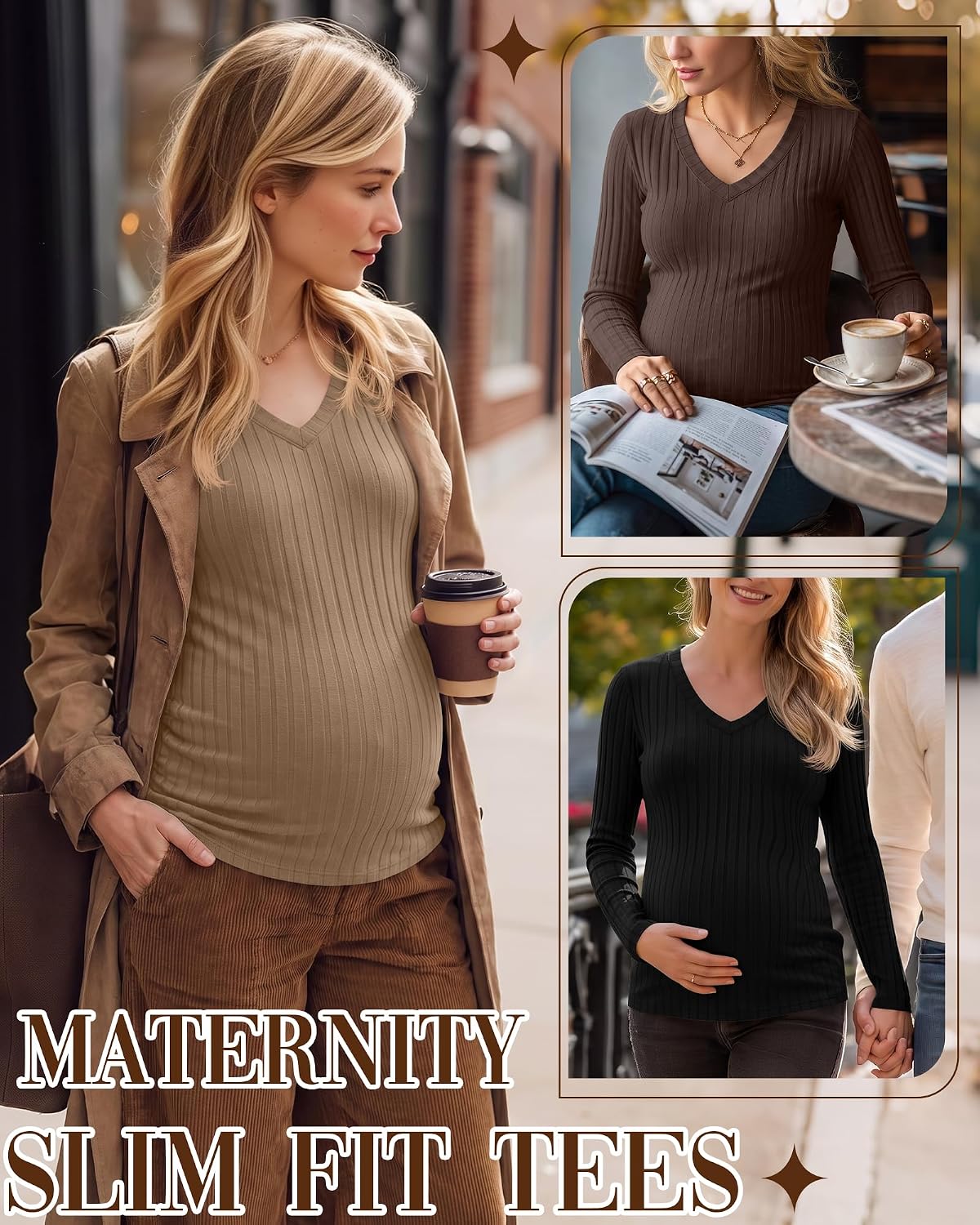 4 Pack Womens Maternity Ribbed Shirts Long Sleeve Tops