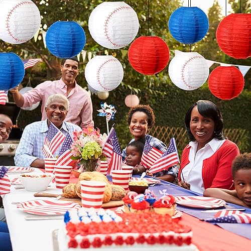 Miniatura 5 de Fabbay 12 linternas de béisbol rojas, blancas y azules, farol de papel de béisbol para deportes, cumpleaños, baby shower, boda, suministros