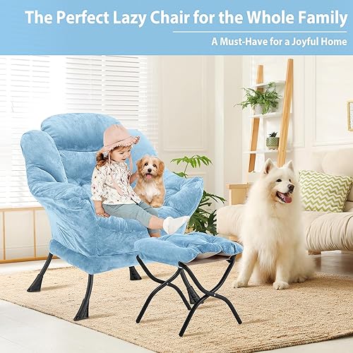 Miniatura 4 de Silla Lazy con otomana plegable, silla decorativa tapizada de felpa con estructura de metal y almohadillas antideslizantes, sillón con reposapiés y