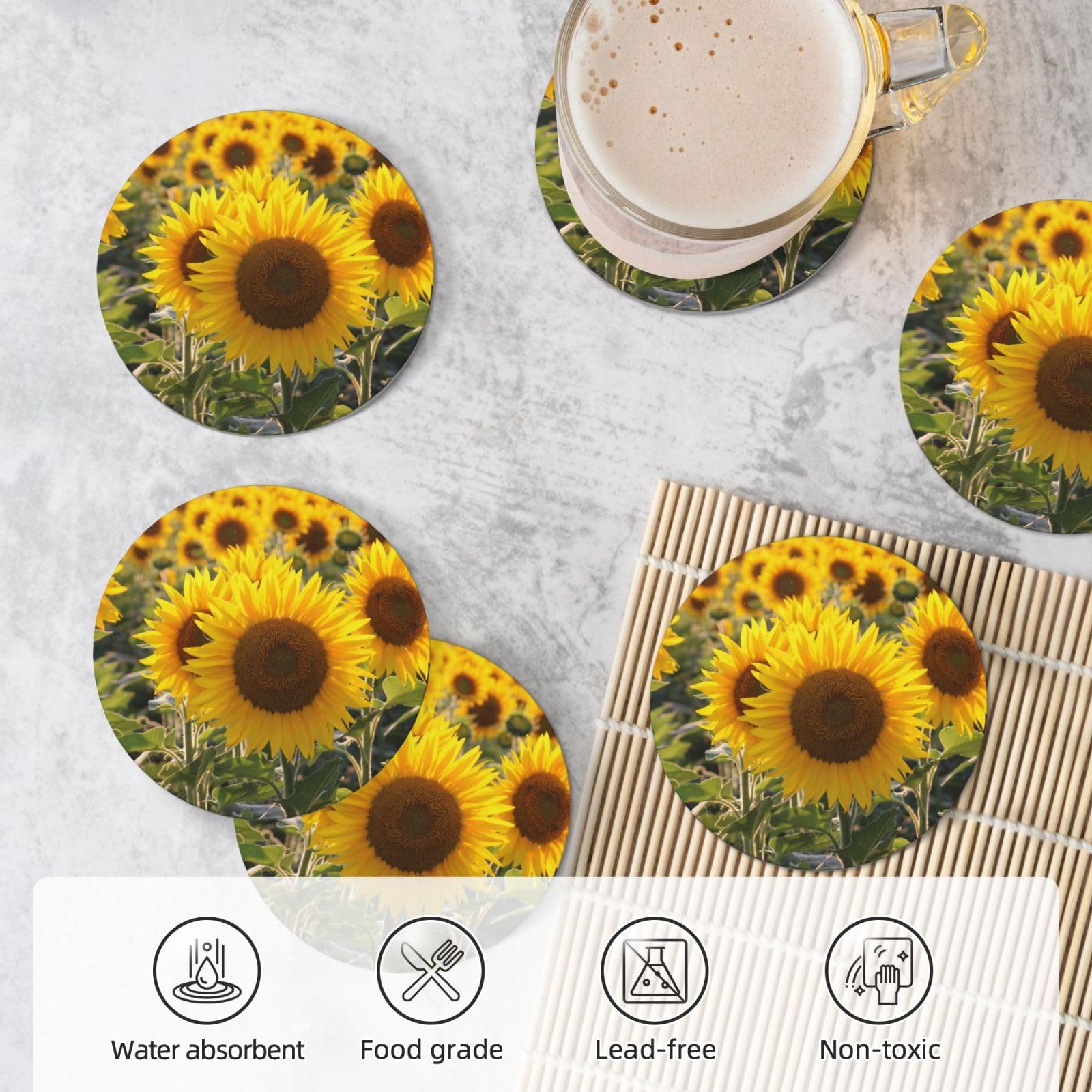 Set di 6 sottobicchieri decorativi in ceramica con stampa floreale giallo girasole