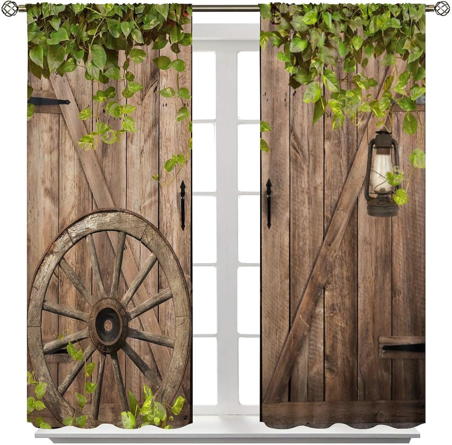 Wood Barn Door Curtains for Home Decor Rustic Wood Wagon Wheel Farmhouse Barnwood Green Leaves Plank Window Drapes for Bedroom Rod Pocket72x63in