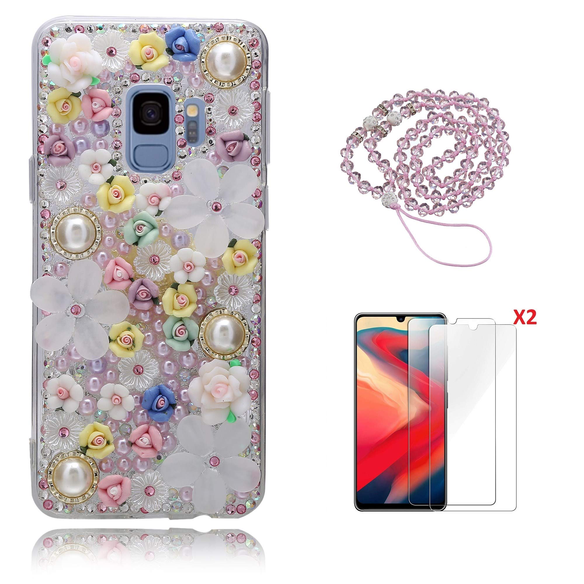 icy2701376 for Samsung Galaxy S9 Plus S9+ Phone Case with 2 Screen Protector Films & Gift Box & Crystals Lanyard,Full Diamonds Crystals Soft Phone Cover (Purple Pearls Flowers)