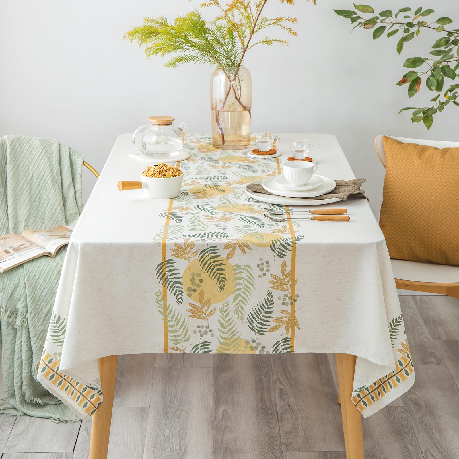 GLORY SEASON Rustic Tablecloth Classic Forest Green Plant Leaf Printed Linen Fabric Table Cover Farmhouse Decoration 55x102 Inches Rectangle/Oblong