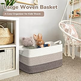 Goodpick Large Woven Storage Basket, 21.6x14.9x11.8, Blanket Storage for Bedroom and Living Room, Rectangle Rope Baskets for Storage, White Brown