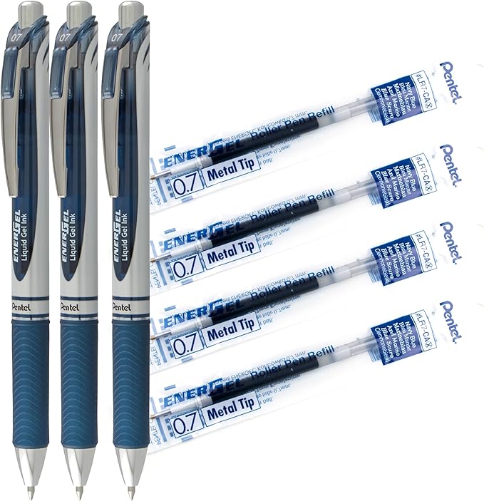 Pentel EnerGel Retractable Liquid Gel Rollerball, 0.7mm Medium Point, Navy Blue Ink, 3 Pens + 4 Refills