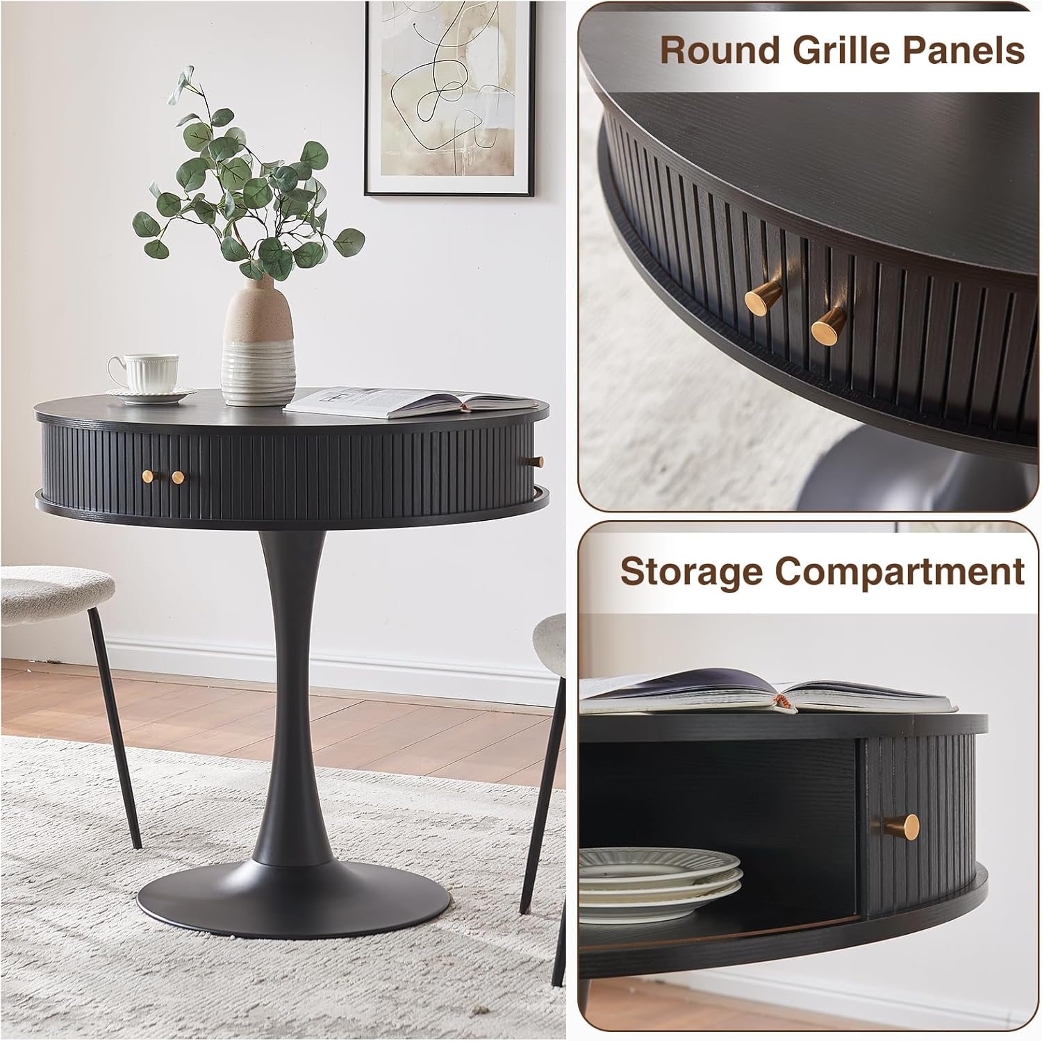 31.5" Round Fluted Pedestal Table for 2-4, Black Circle Kitchen Dinner Table with Hidden Storage, 31''H Small Tulip Breakfast Desk with Sliding Doors, Metal Base for Kitchen, Cafe, Patio, Courtyard