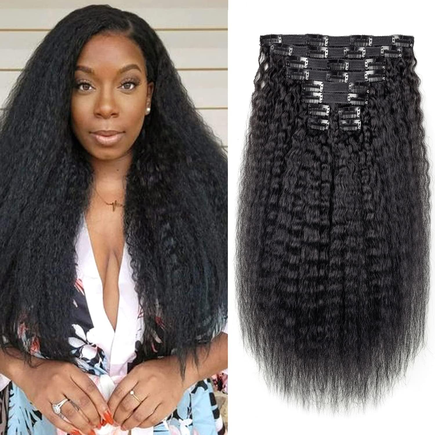 Kinky Straight Clip in Hair Extensions Real Human Hair for Black Women18 Inch Virgin Hair Clip in Full Head Unprocessed Remy Yaki Straight Clip Ins 10pcs with 22 Clips 120 Gram Per Set