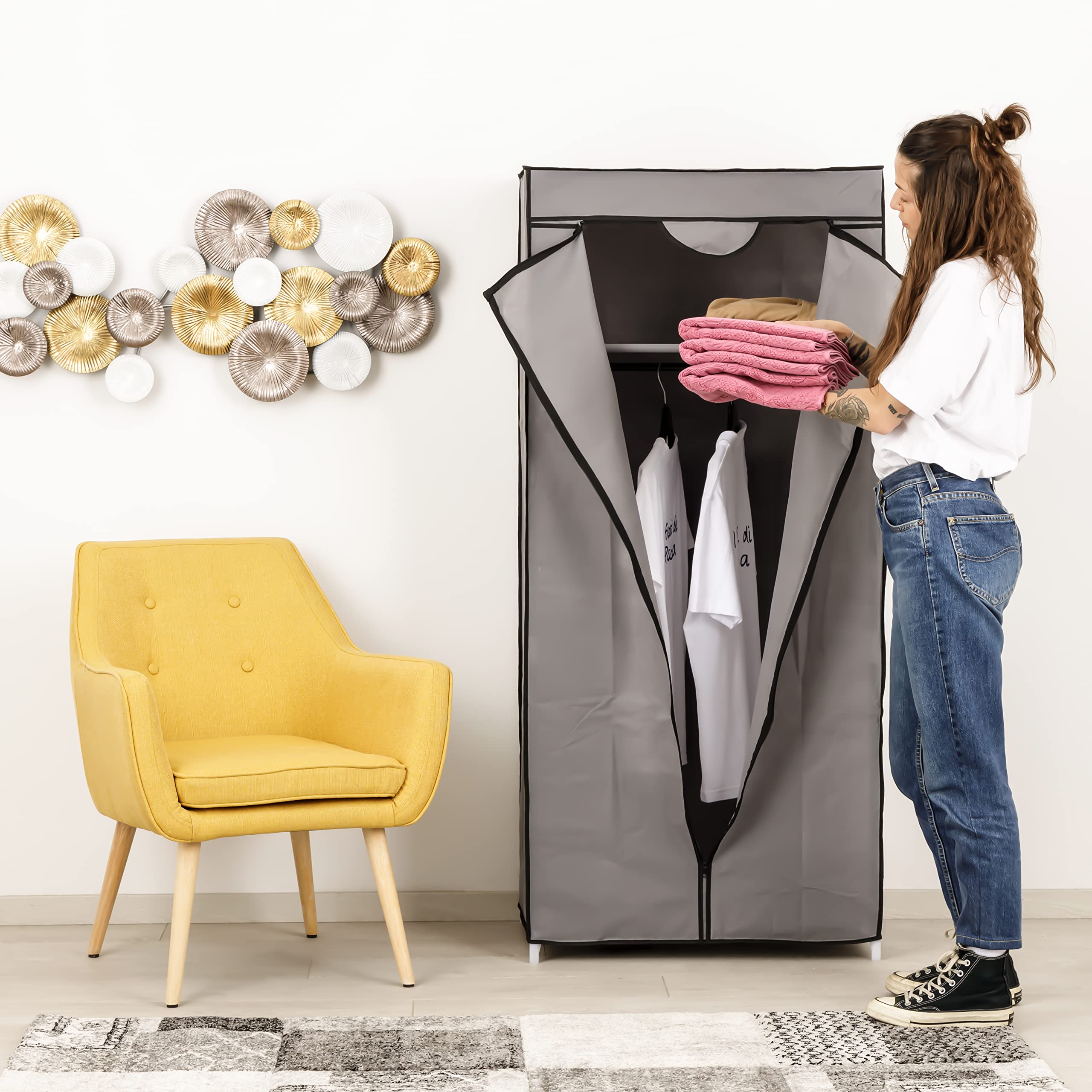 Baroni Home Armadio in Tessuto Richiudibile, Mobile Pieghevole Salvaspazio con Struttura in Ferro per Camera da Letto, Cabina Armadio, Grigio, 1 Ripiano, 1 Barra Appendiabiti, 70x45x155