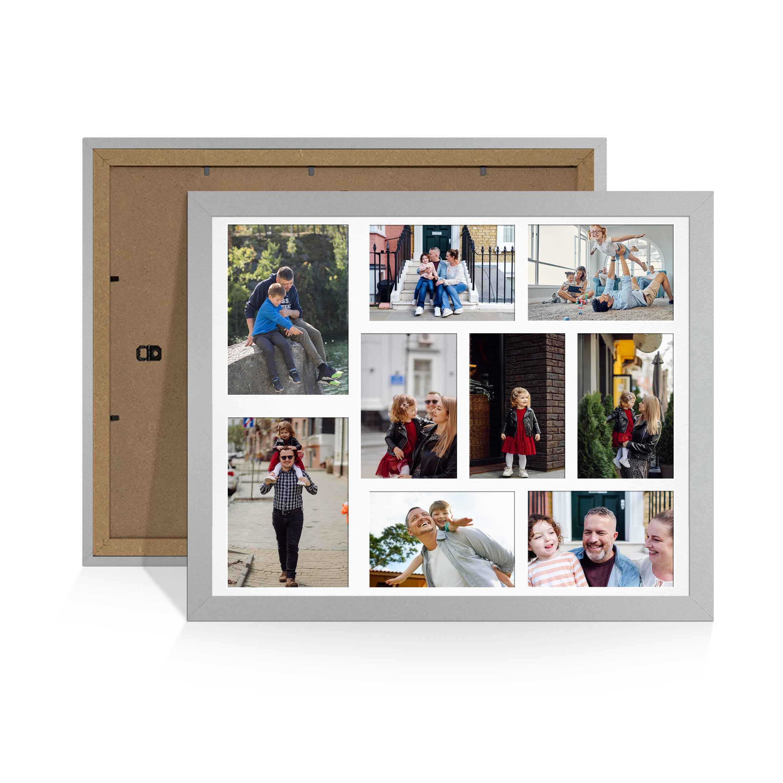 Alison Kingsgate Silver 20x16 Photo frames for multiple pictures -9 Apertures Collage Frame with White Mount - Holds (2x) 7x5 & (7x) 6x4 Photos - Engineered Wood & Perspex