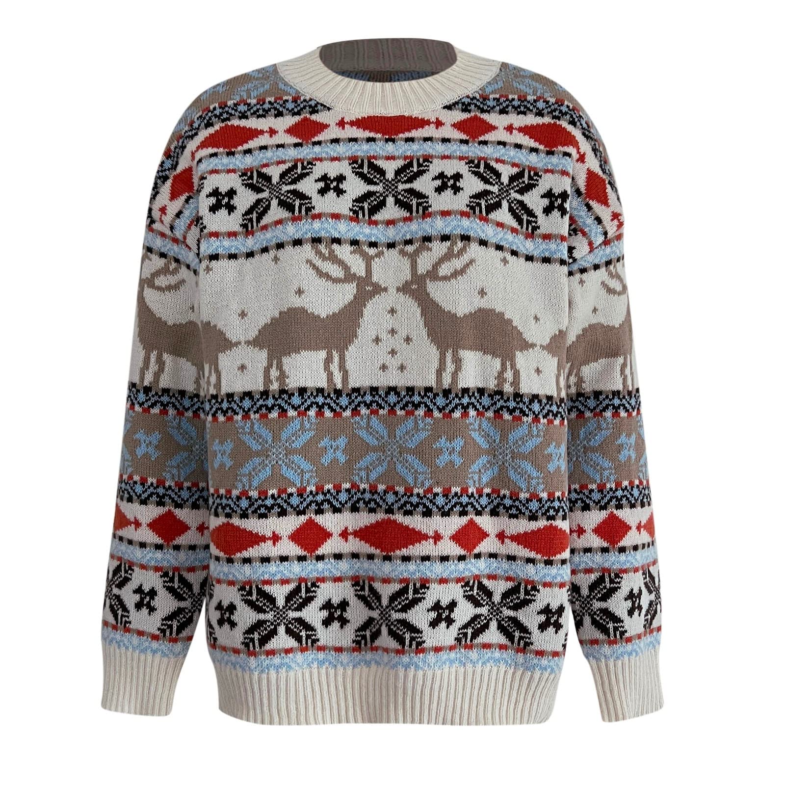 Weihnachtspullover Damen Winter Warm Christmas Sweater mit Rentier Muster Lustig Weihnachten Strickpullover Rundhals Langarm Pullover Ugly Casual Weihnachtspulli