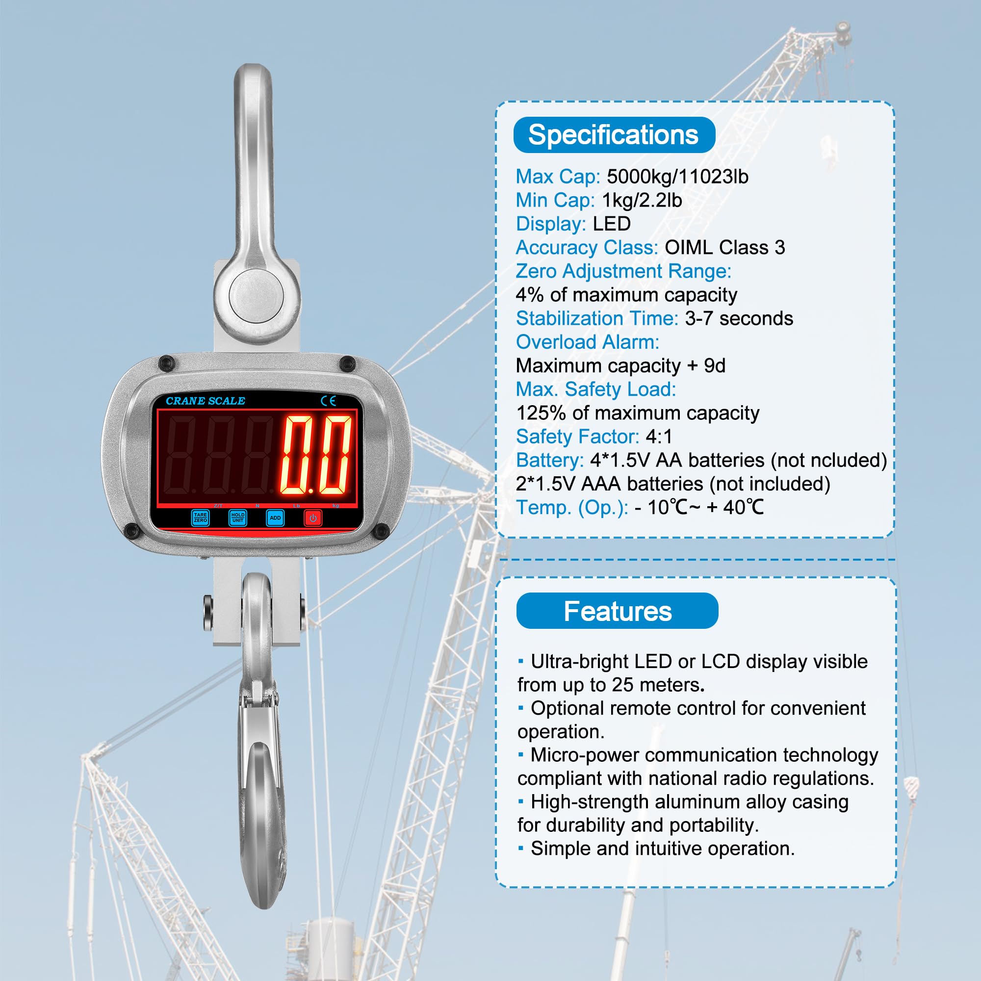 Hyindoor Kranwaage 5000kg Elektronische Digitale Hängewaage 5T Großes LCD-Display Heavy Duty Crane Scale Industrie Kranwaage mit Aluminiumlegierung mit Haken und Fernbedienung