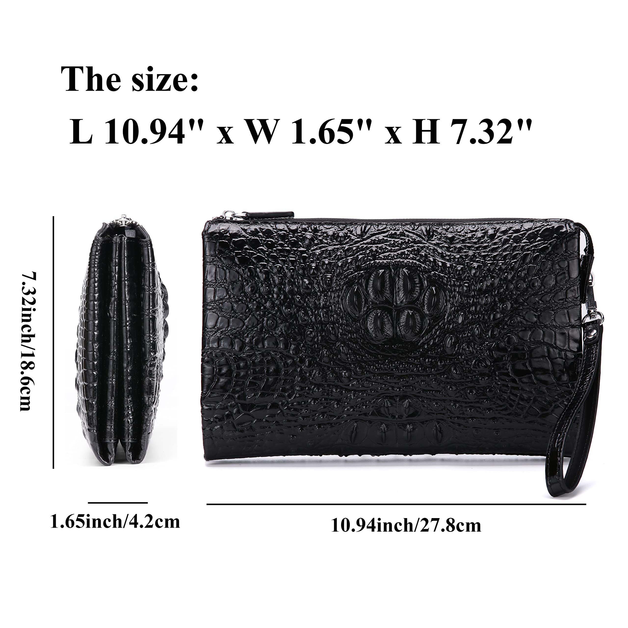 Pochette da uomo in vera pelle borsa da polso borsa busta borsa coccodrillo goffrato portafogli con cerniera personalizzata…, nero-02, grande,, Nero-02, Large