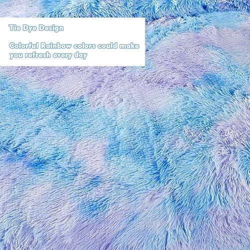 Miniatura 4 de PERFEMET Juego de ropa de cama individual de felpa de pelo sintético de 3 piezas suave y esponjoso para niñas, colorido teñido anudado, terciopelo