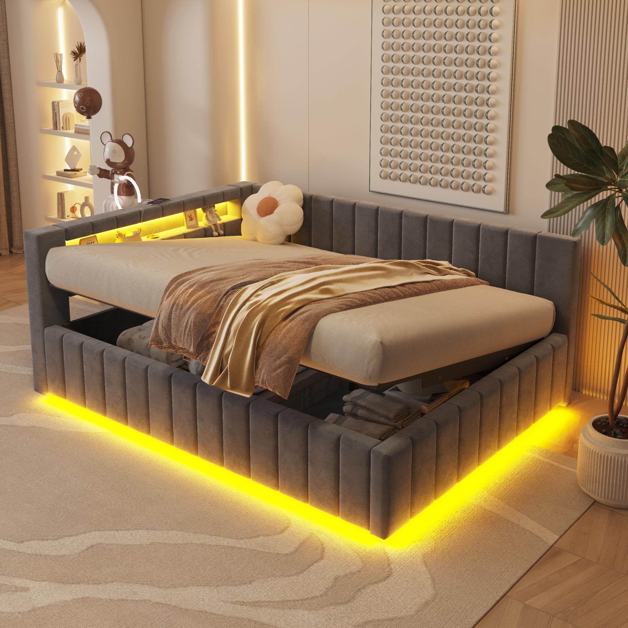 Letto imbottito divano letto 140 x 200, letto matrimoniale con vano portaoggetti idraulico, con luce LED e funzione di ricarica USB, letto giornaliero per ragazzi con rete a doghe, tessuto di