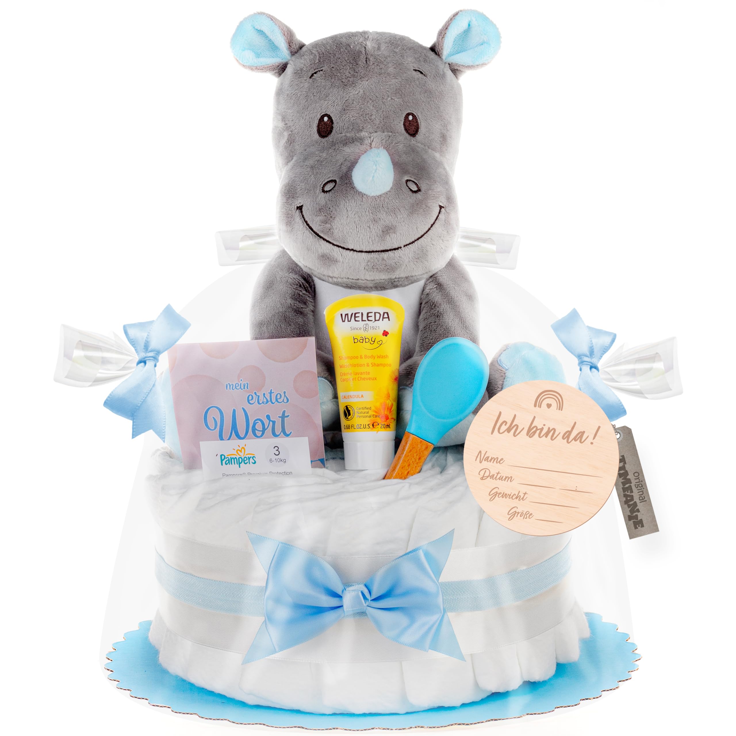 Windeltorte | Kuschel Nashorn | blau | 0-8 Monate