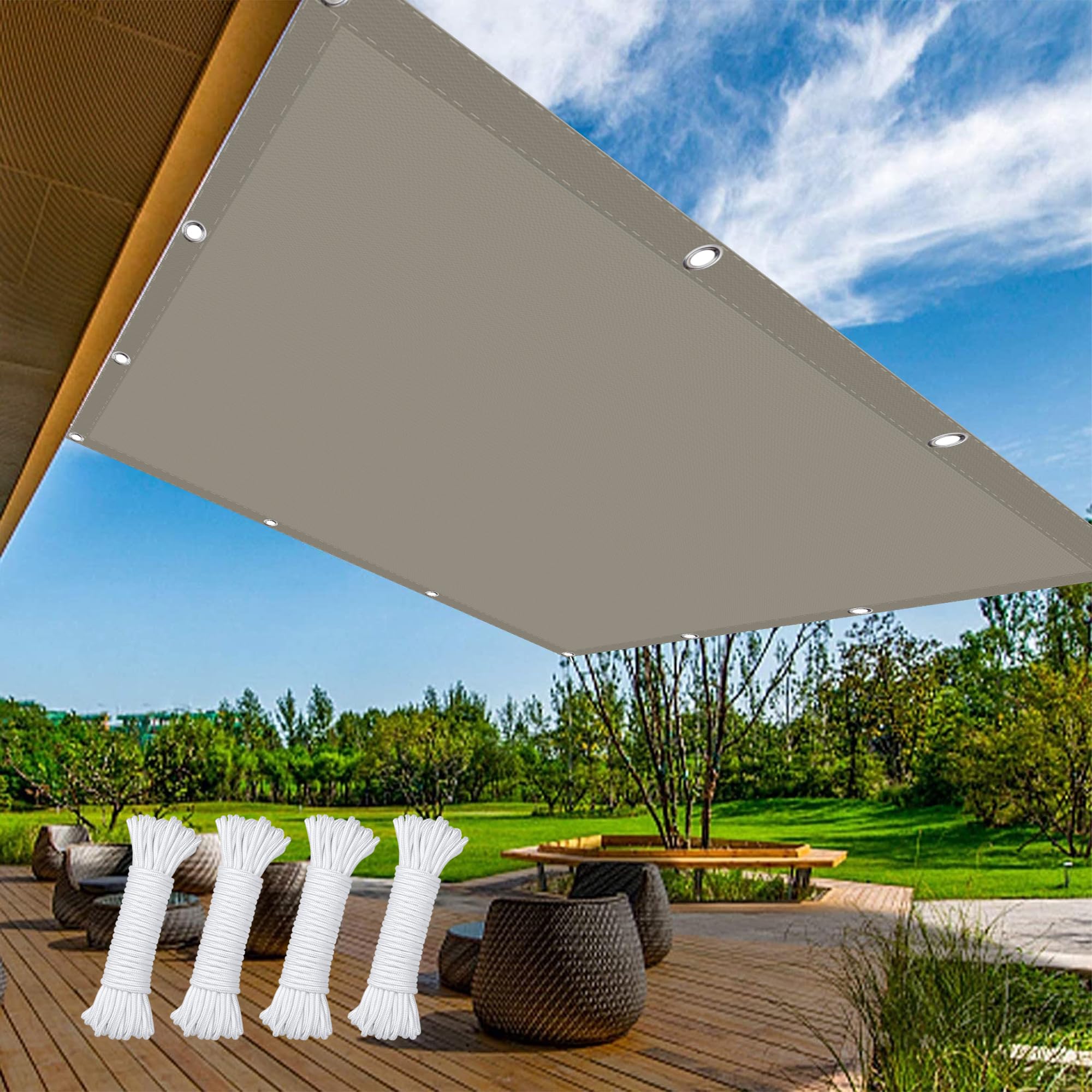 Rechteckig Sonnensegel Wasserdicht 250 x 450 cm Sonnensegel Rechteckig Wasserdicht Schattentuch Segel Baldachin mit Spannseilen mit Ösen für Terrasse Balkon, Taupe