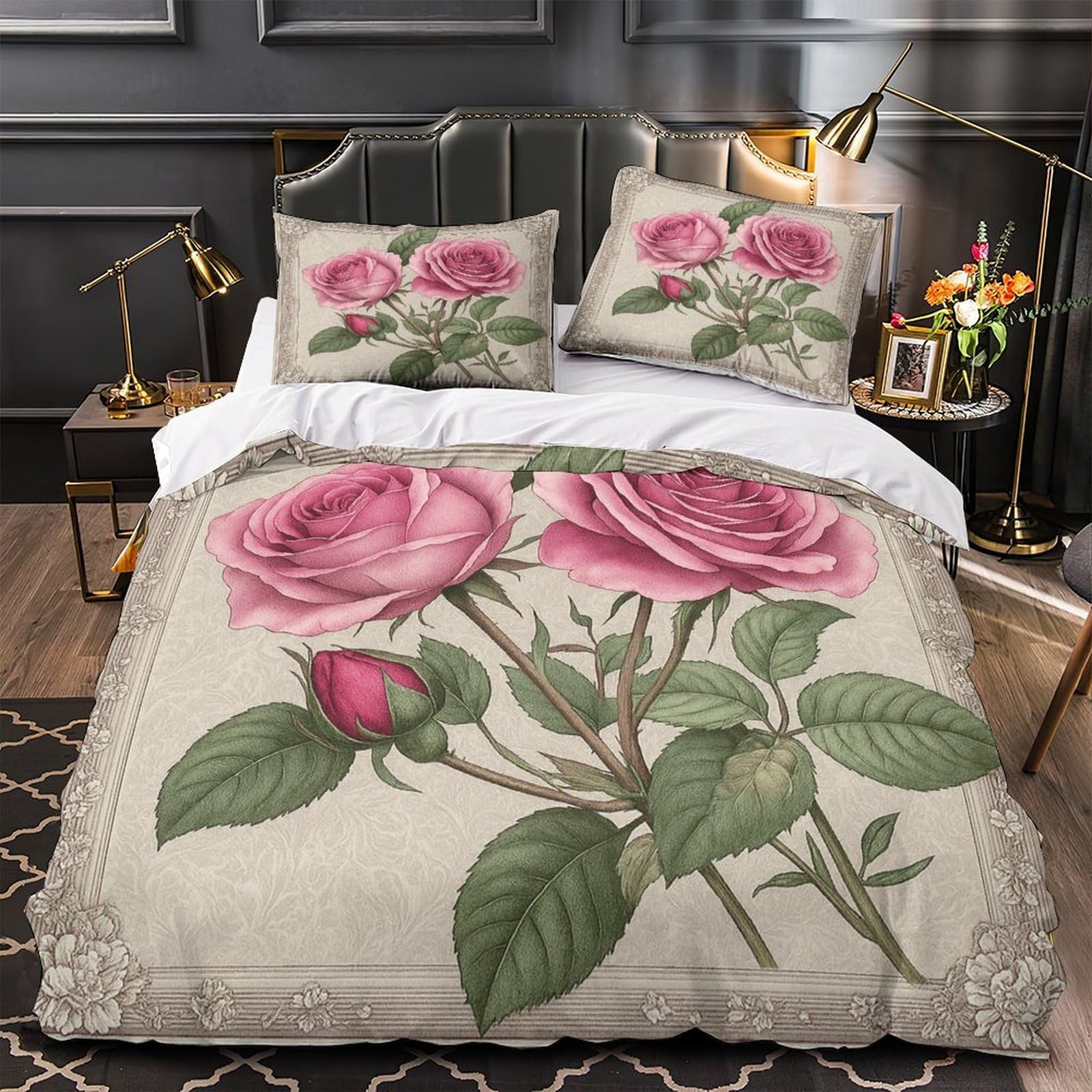 Housse de couette microfibre hypoallergénique respirante motif roses vintage imprimée en 3D