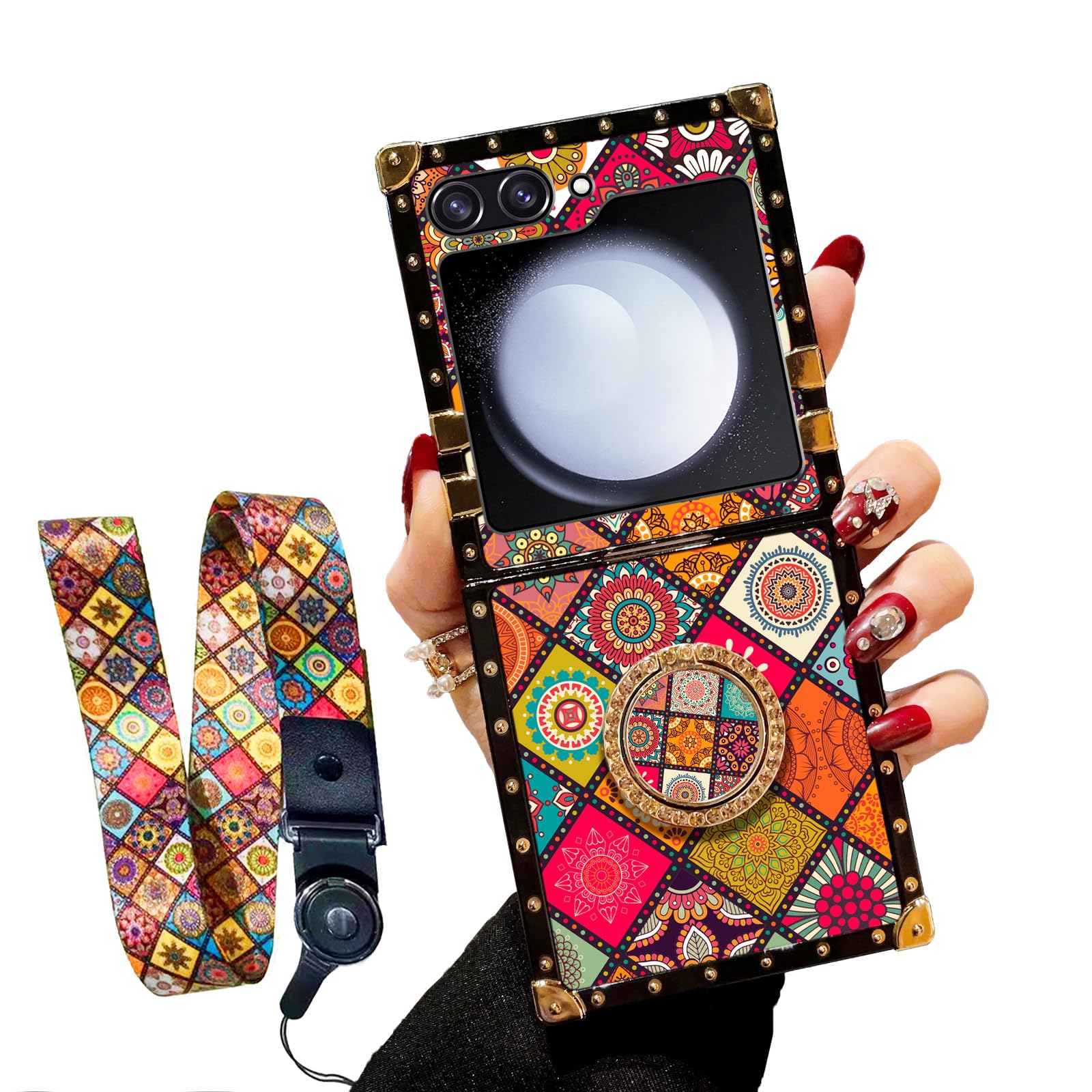 nancheng Case for Samsung Z Flip 5 (2023) Girls Women Cute Cover with Ring Stand Retro Flower Pattern Metal Reinforced Shockproof Protective Phone