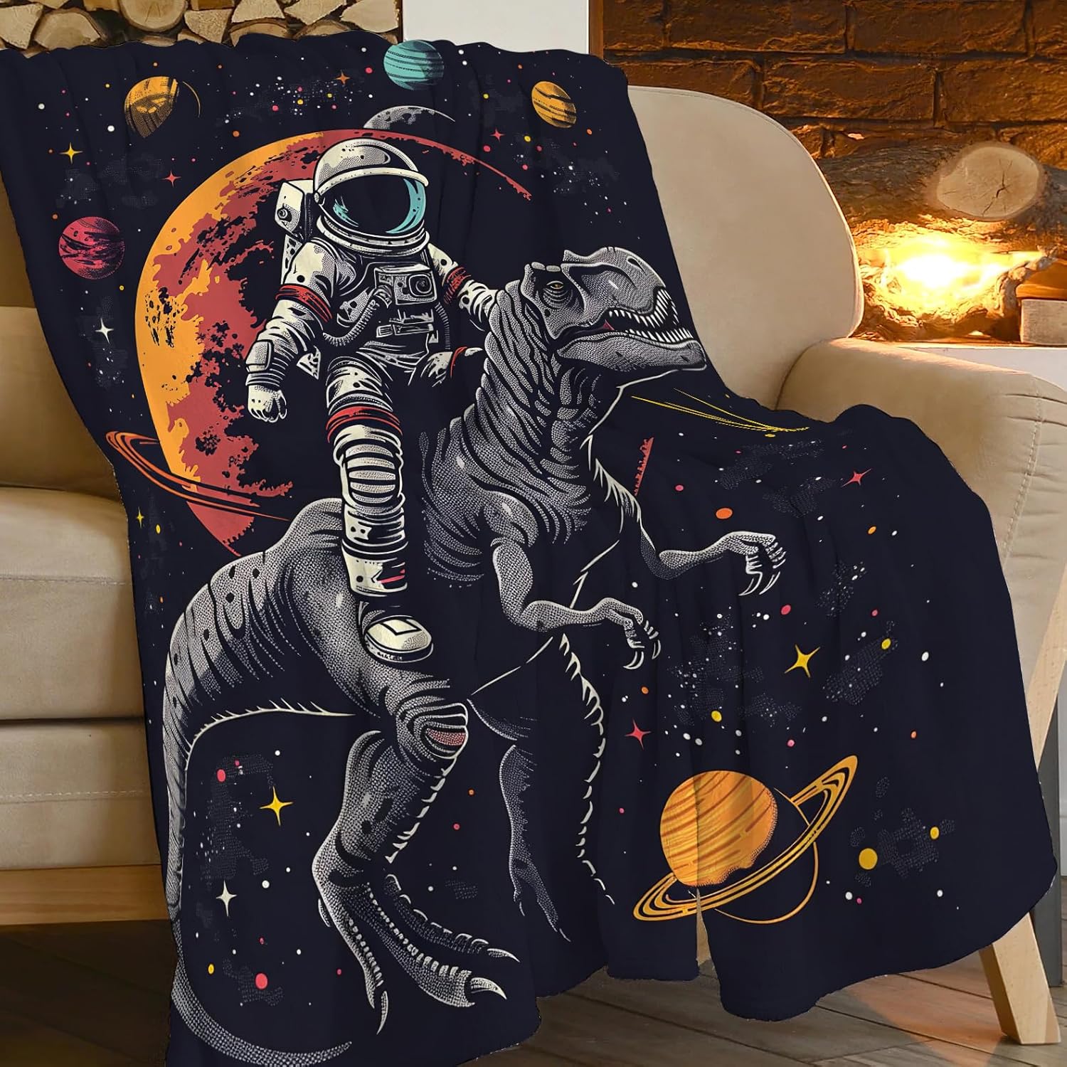 SweetFox Astronaut Dinosaur Blanket Funny Space Astronaut Decor Throw Blanket Gifts for Girls Boys Super Warm Soft Plush Fleece Flannel Winter Couch Bedding Blankets for Kids Adults Women 50"X40" - Image 2