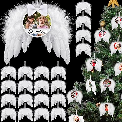 Adorno navideño para colgar con alas de ángel blancas, decoración colgante de plumas con sublimación en blanco para árbol de Navidad, manualidades,