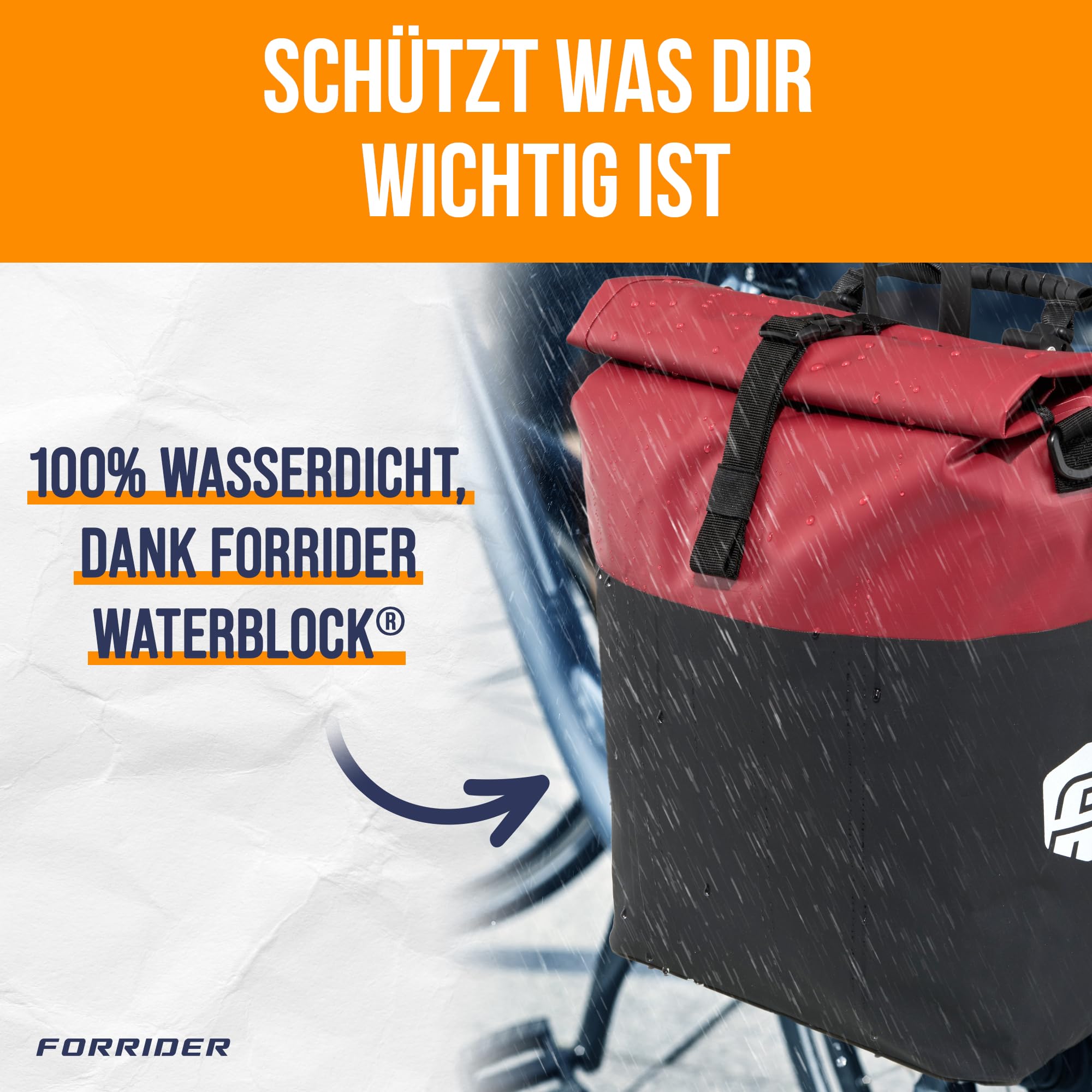 Forrider Fahrradtasche E-Bike & Fahrrad Tasche wasserdicht 22L für Gepäckträger mit Schultergurt & Reflektoren | Fahrrad Gepäckträgertasche | Fahrradtaschen Gepäckträger Tasche hinten (Rot)