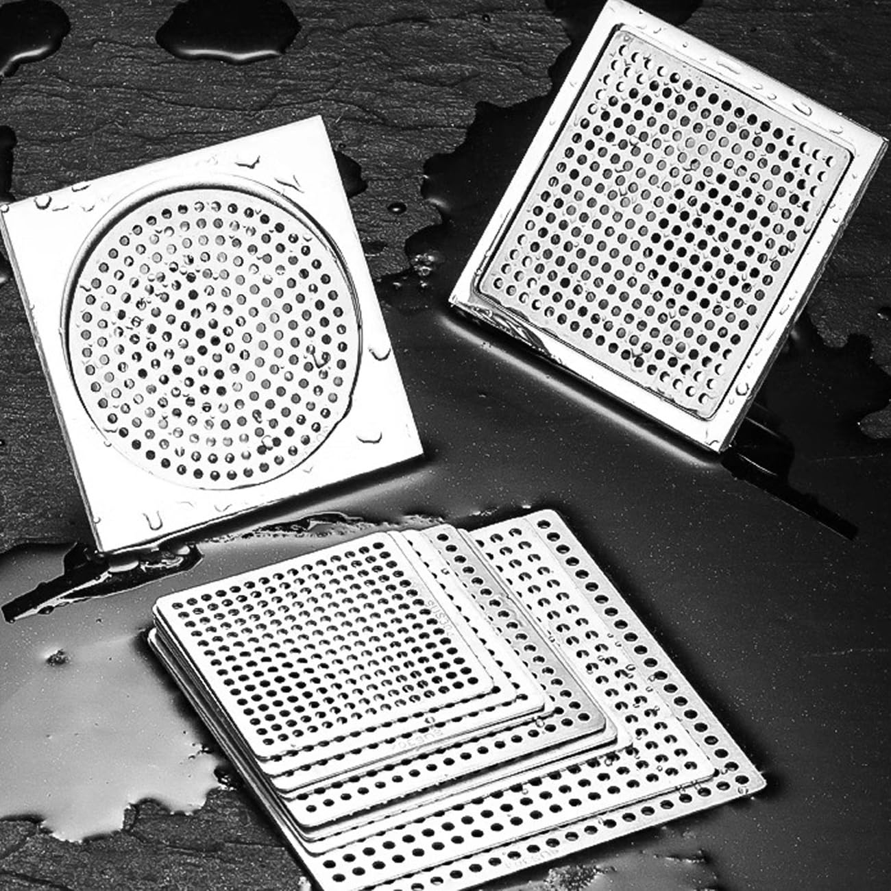Tapa de drenaje de piso de acero inoxidable, Protector de colador drenaje acero inoxidable 304, varios tamaños, orificio 3 mm for interior y exterior(7.5x7.5cm)