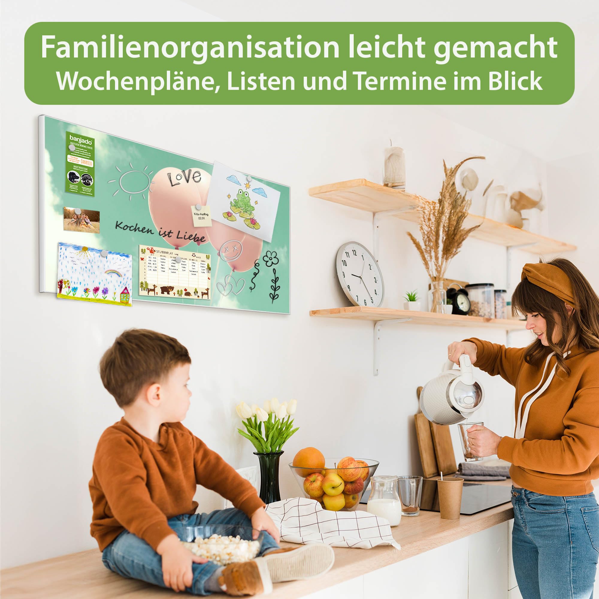 banjado Magnettafel Metall 78 x 37cm - beschreibbare Magnettafel - Metall Pinnwand als Memoboard - Magnetwand Küche, Büro, Kinderzimmer Weiß inkl. 4 Magnete & Montageset - Motiv Rosa Ballons