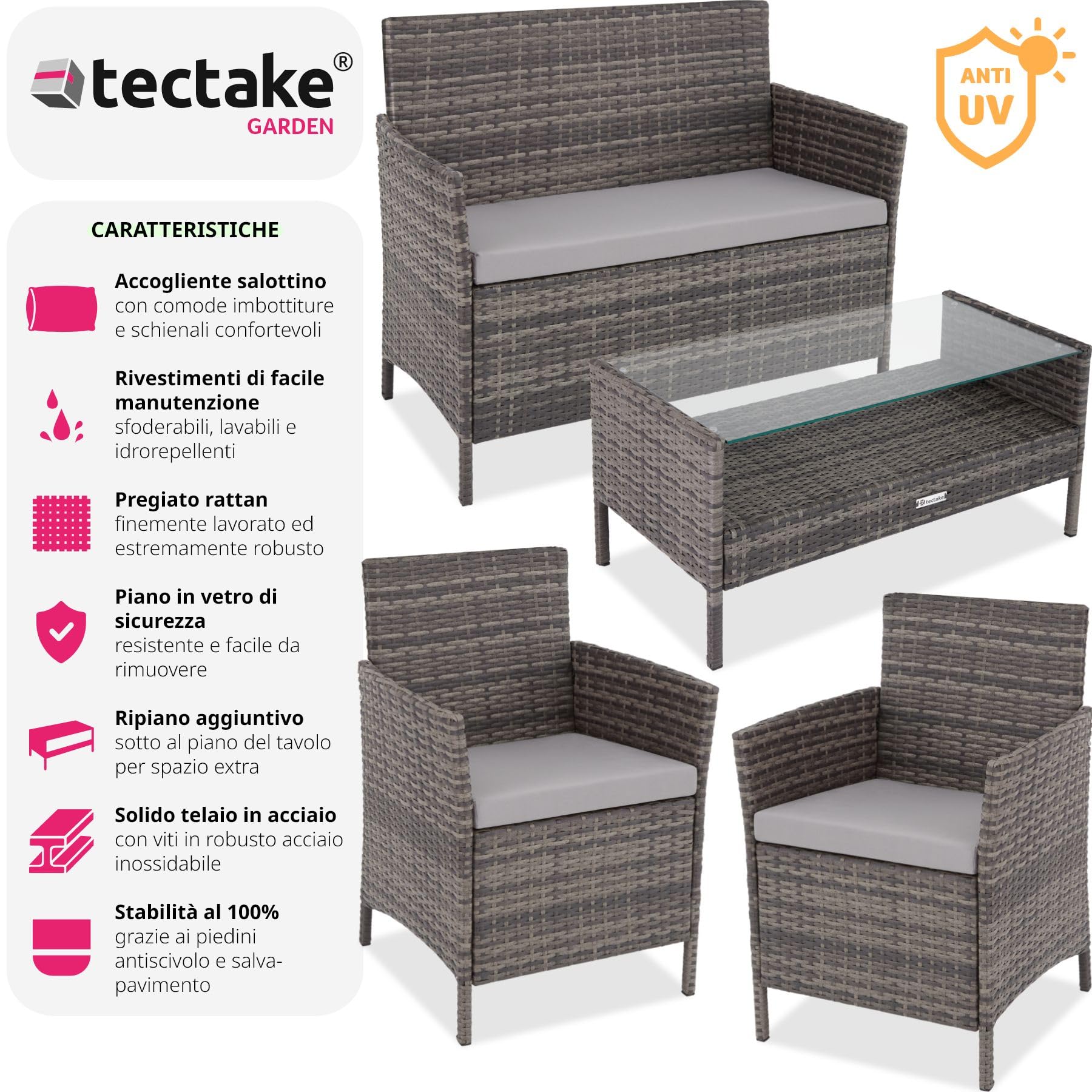 Tectake Set Mobili da Giardino in Polyrattan con Tavolino Vetro, Panca e Sedie con Cuscini - Grigio
