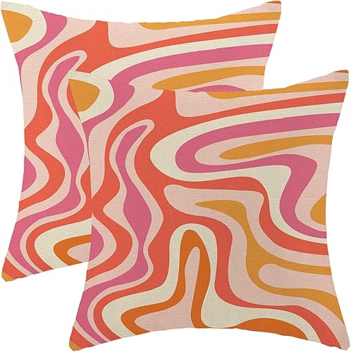 Juego de 2 fundas de almohada bohemias de 18 x 18 pulgadas, estilo retro, naranja, rosa, amarillo, colorido, decorativo, moderno, abstracto,