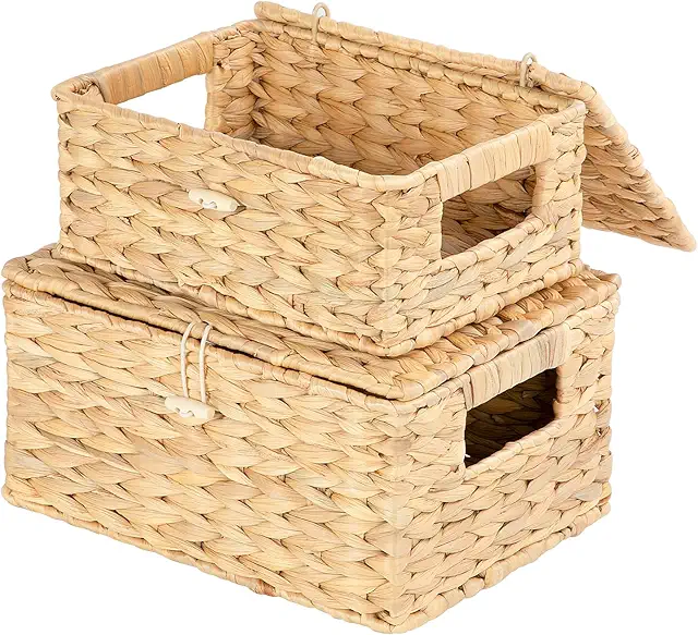 Cesto Antigo de Mimbre con Tapa - Paquete de 2 Cestas de Almacenamiento para Hogar