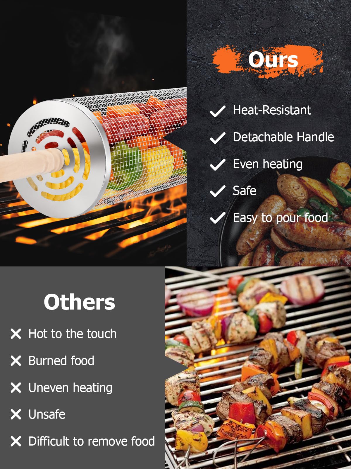 Landrip Cesta de Barbacoa Rodante, Mango de Madera Desmontable, Acero Inoxidable, Accesorio de Cocina al Aire Libre para Barbacoa de Vegetales, Gadgets de Jardín y Camping para Barbacoa a Gas, Regalo