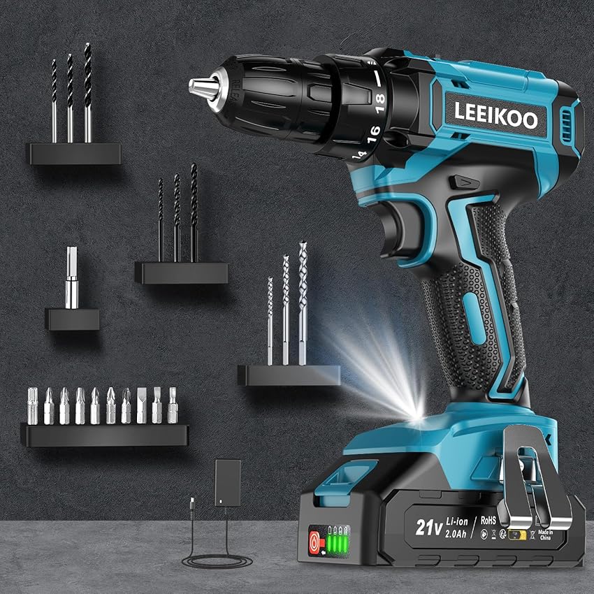 Trapano Avvitatore Batteria 21V, LEEIKOO Avvitatore Elettrico con Batteria da 2.0Ah, 42N.m di Coppia, 2 Velocità, 18+1 Coppia, 20 Accessori, Luce a LED, Per il fai da te, in Casa e Giardino