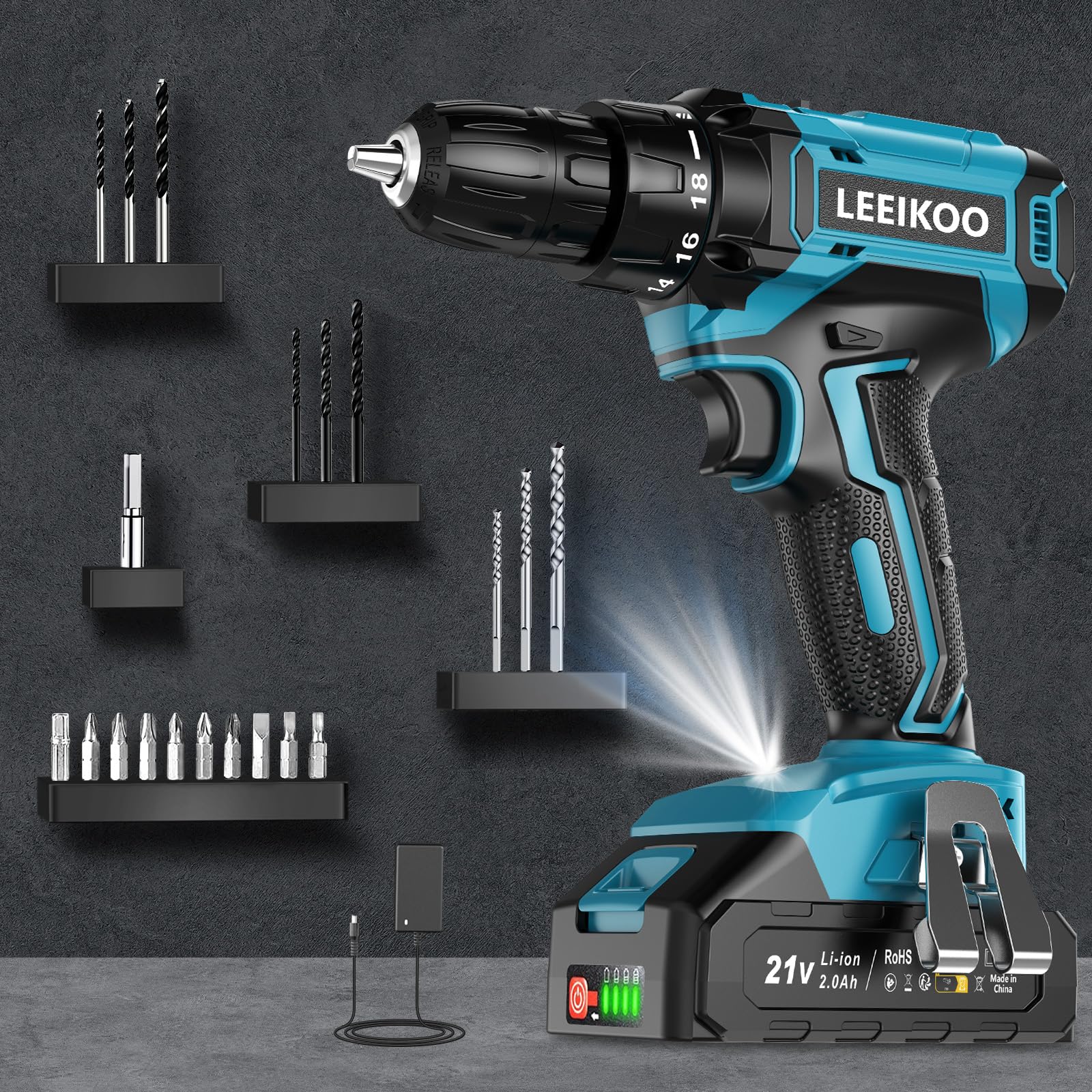 Taladro Atornillador Bateria 21V, LEEIKOO Atornillador Electrico con 2.0Ah Batería, 42Nm, 18+1 Ajuste de Par, 20 Accesorios, 2 Velocidad, LED Luz Para Hogar, Bricolaje, Azul