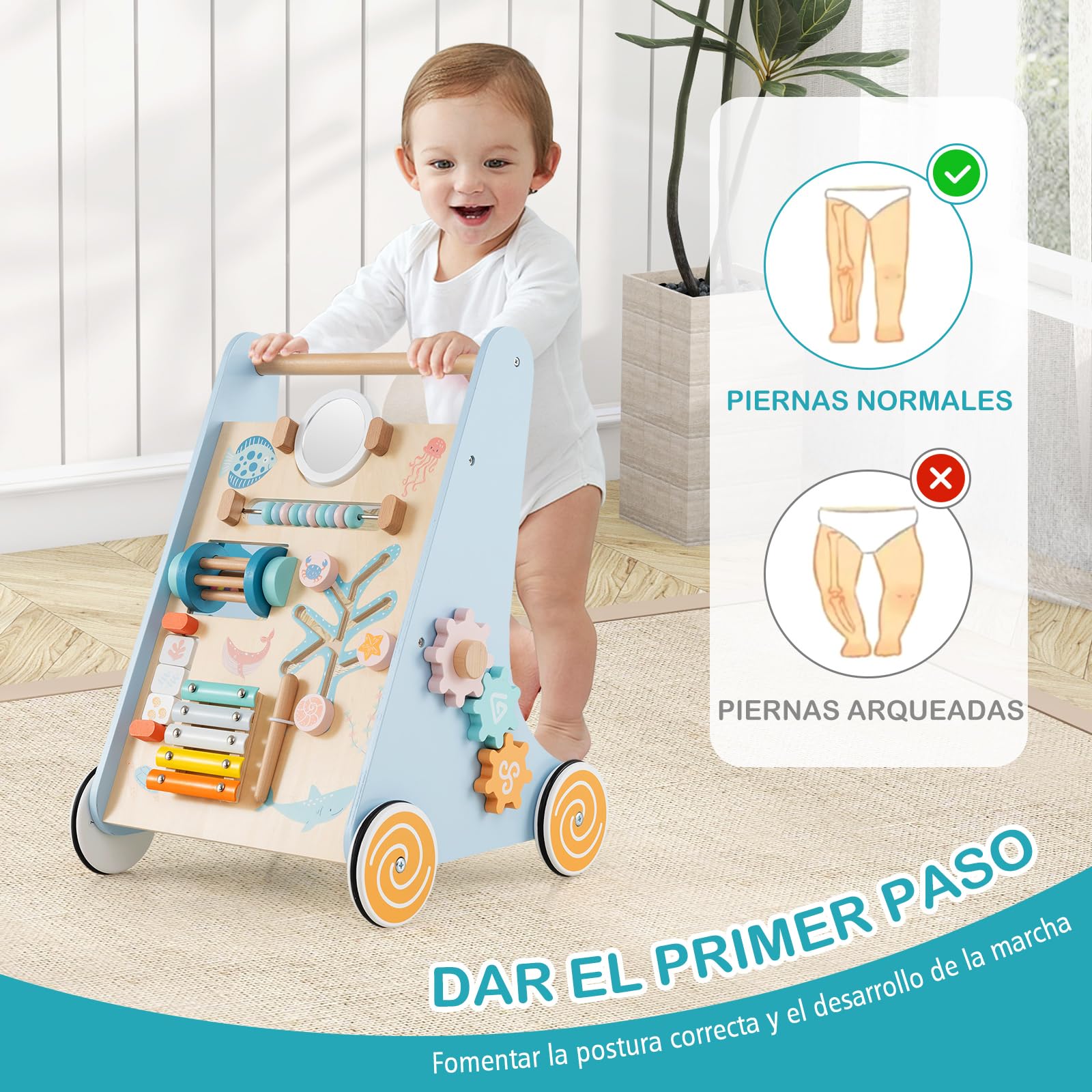 COSTWAY Andador Bebés de Madera 8 en 1, Carrito Correpasillos con juguetes y actividades, Caminador para Bebé Montessori con Ruedas, Tacata Bebe con Accesorios