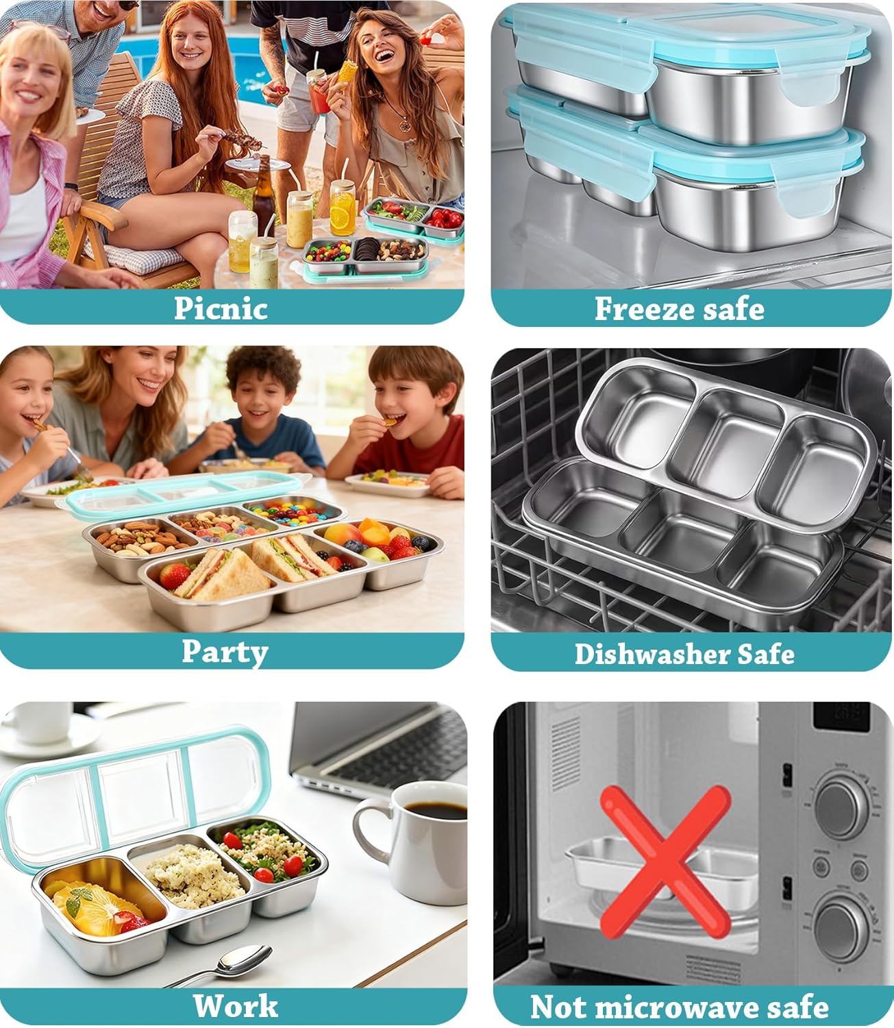 Snack Containers with Airtight Lids Reusable Stainless Steel 3-Compartment Metal Bento Lunch Box for Adults, Divided Food Storage Lunchable Meal Prep Containers, Snack Box with Spoon Sauce Jar - Image 6