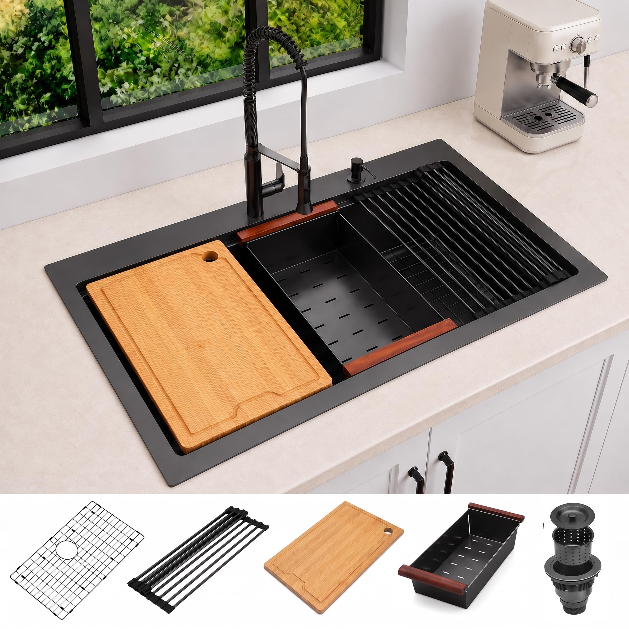 LQS 33 Inch Black Drop In Kitchen Sink, 16 Gauge Workstation Sink