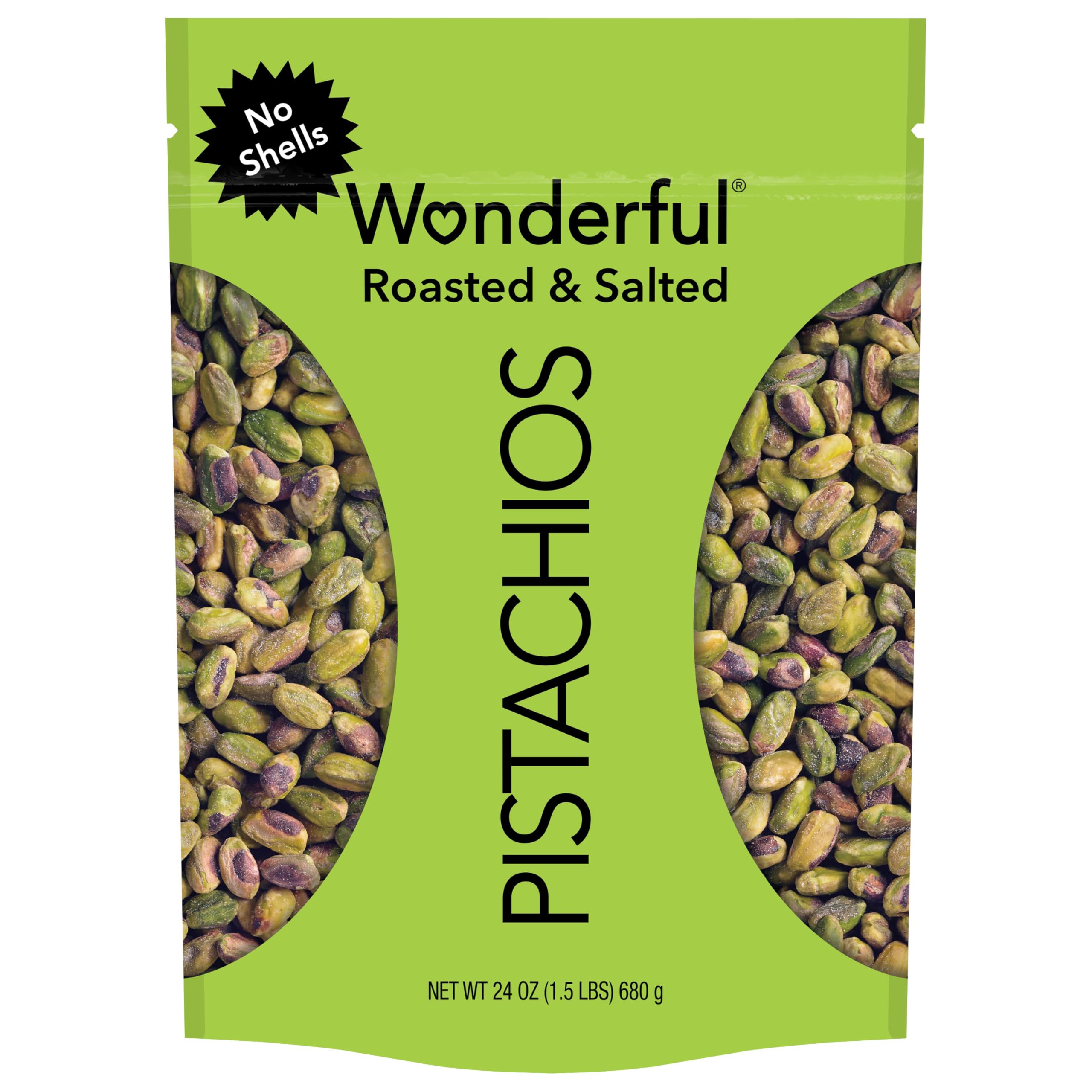 Wonderful Pistachios No Shells, Roasted & Salted Nuts, 24 Ounce Resealable Bag, Protein Snacks, Gluten Free, Healthy Snack