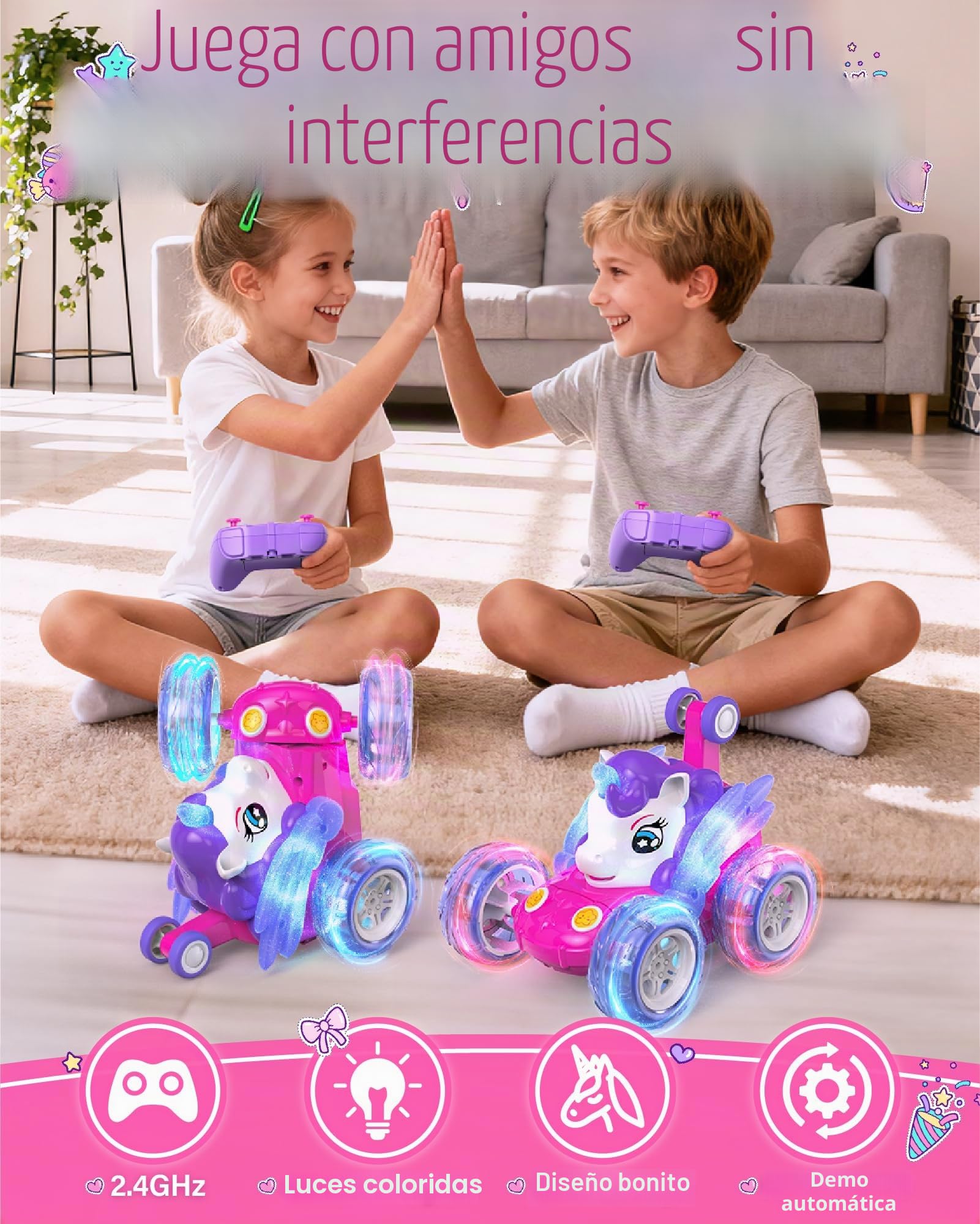 Kiztoys Unicorn Coche Teledirigido - Coches de Juguete para Niñas de 3 4 5 6 Años, Unicornio Teledirigidos Monster Truck con luz LED, Regalo de Juguete para Niñas 3+ Años