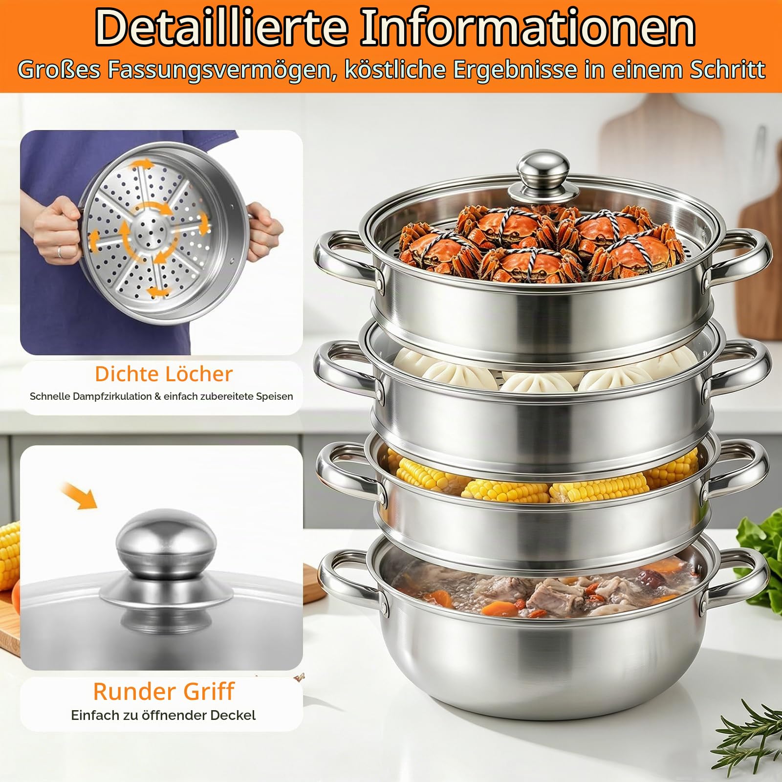 Dampfgarer 28 cm aus Edelstahl, 3- & 4-stöckiger Dampfgarer Topf mit Glasdeckel, Stapelbarer Dampfkochtopf für Gemüse, Fisch, Pasta & Suppen, für Induktion & Gas (4-Etagen)