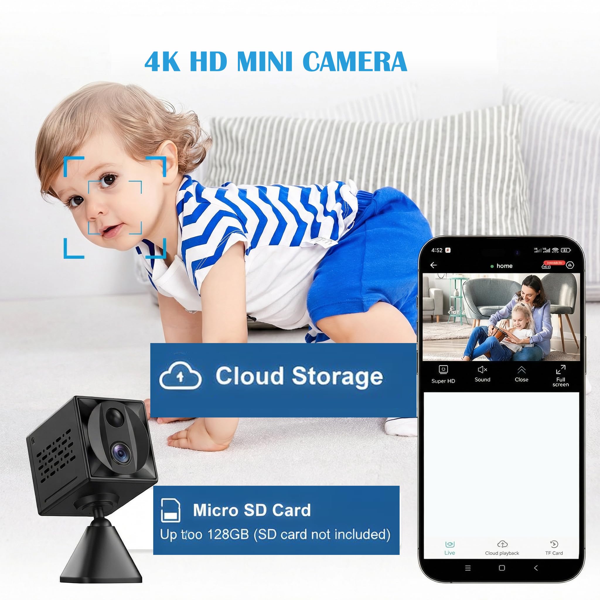 ZTTAOLII Caméra espion cachée WiFi 5G – Mini caméra de sécurité intérieure 4K HD, détection de mouvement AI, longue durée de vie de la batterie, vision nocturne, mini caméras sans fil pour maison/bébé