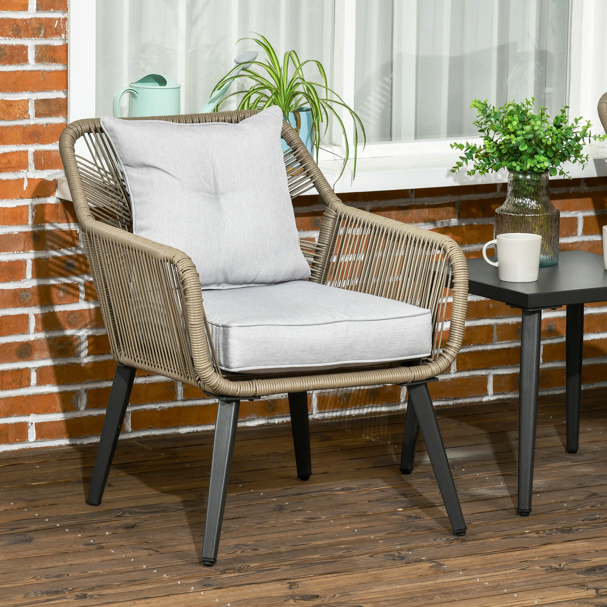 Outsunny Set Tavolino e Sedie da Giardino 3 Pezzi in Rattan PE e Acciaio con 2 Sedie Moderne e 1 Tavolino da Caffè, Grigio