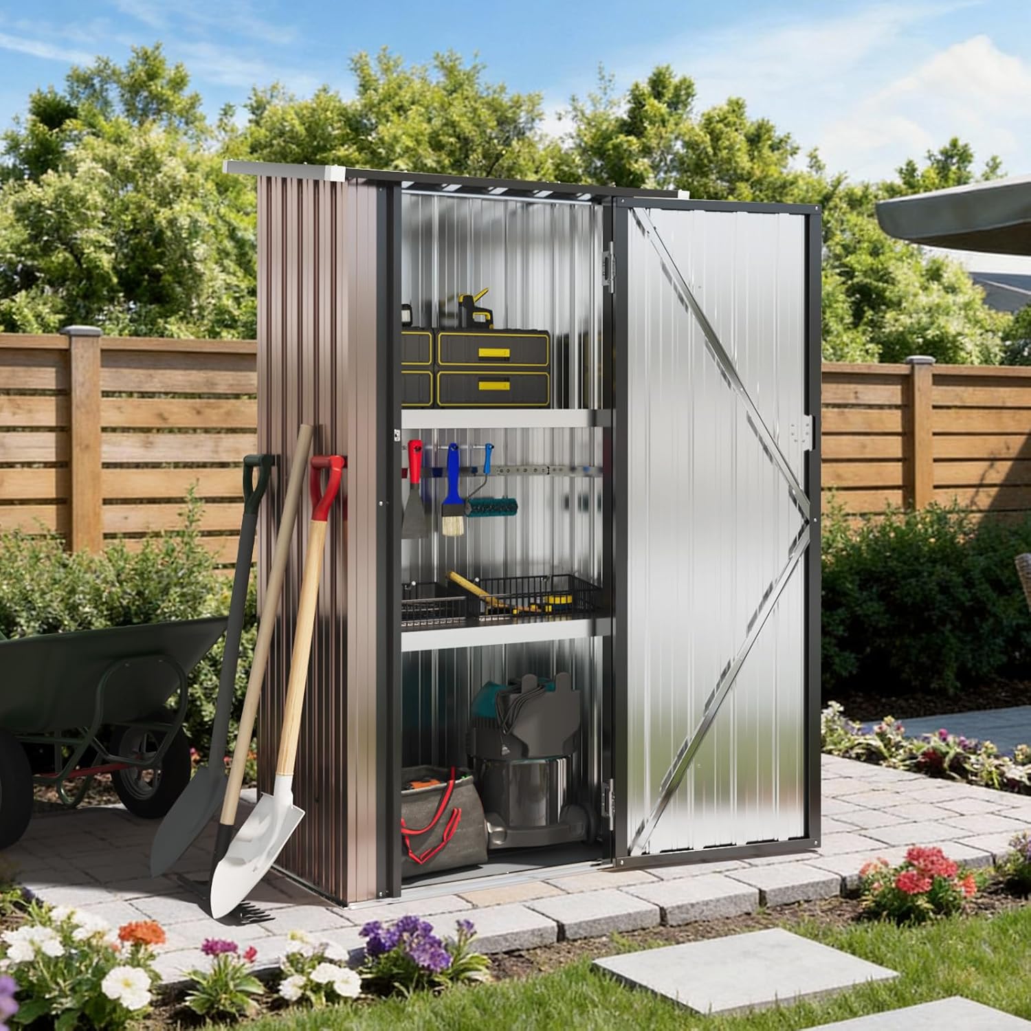 Aoxun 2.5x2FT Outdoor Storage Cabinet with Floor, Metal Tool Shed with Adjustable Shelves & Lockable Door, Weatherproof Outdoor Cabinet for Patio, Garden, Backyard