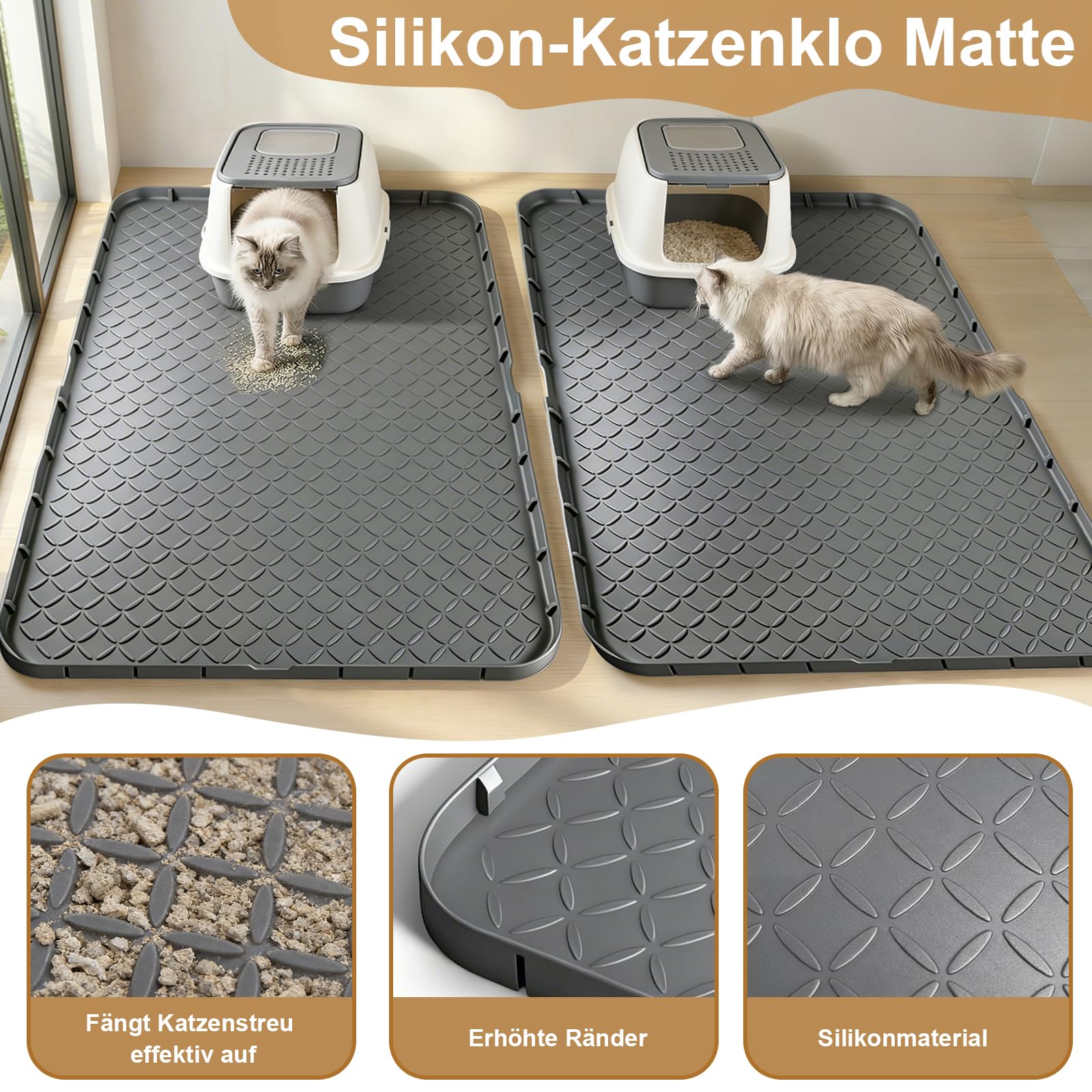 2er-Pack Silikon Katzenklo Matte XXL 86×55 cm – Wasserdicht, rutschfest & Leicht zu Reinigen – Premium Katzenstreu Unterlage für Mehrkatzenhaushalte, Grau