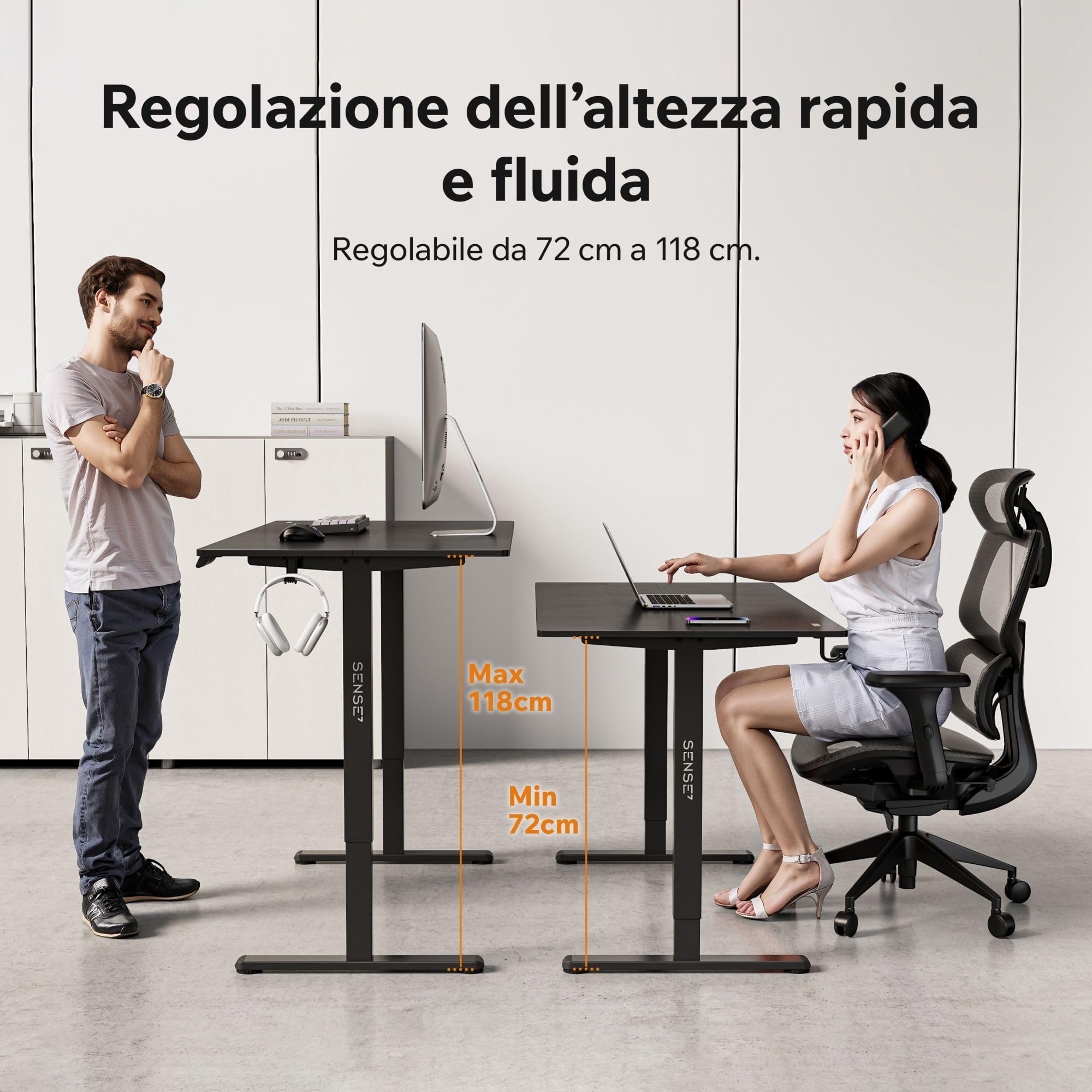 SENSE7 Nojo Light Scrivania Elettrica Nera 140x70cm, Portata 70kg – Grande Scrivania Ergonomica con Memoria e Motore Silenzioso – Ideale per Gaming e Ufficio